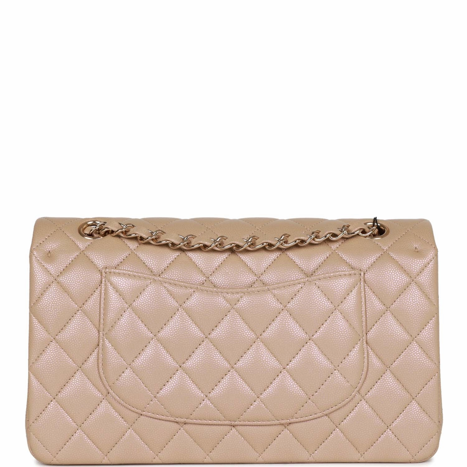 Chanel Medium Classic Double Flap Bag Beige Iridescent Caviar Light Gold Hardware