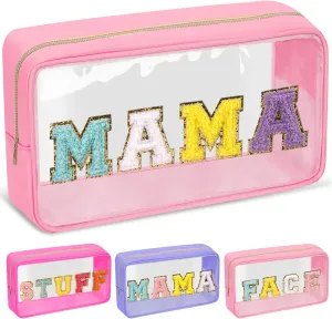 Chenille Letter Clear Makeup Bags Mama Pouch, Preppy Patch Makeup Bag with Zipper, Transparent PVC & Nylon Waterproof Portable Glitter Cosmetic Bag Travel Toiletry Storage for Women Girl(MAMA-Pink)