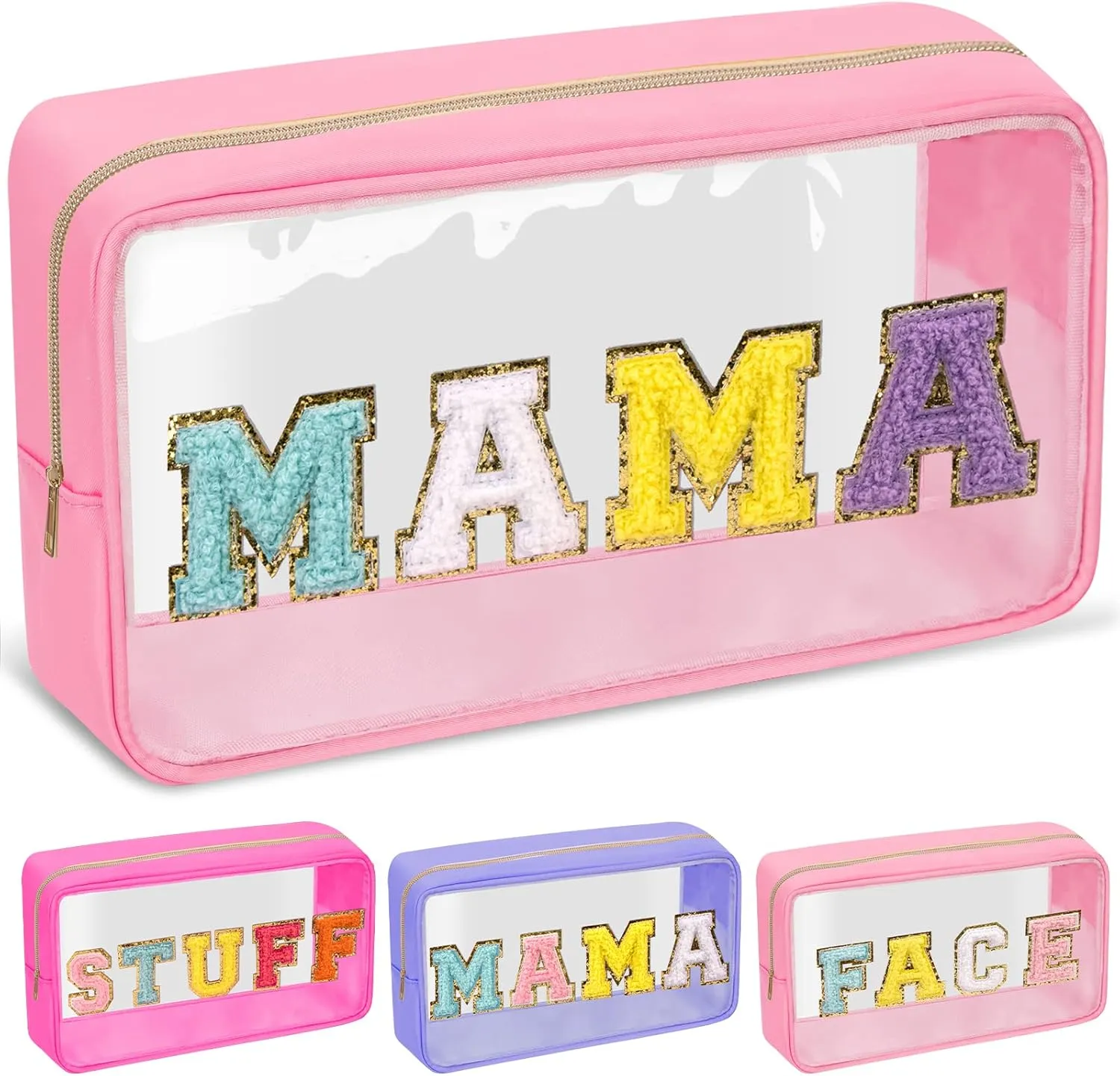 Chenille Letter Clear Makeup Bags Mama Pouch, Preppy Patch Makeup Bag with Zipper, Transparent PVC & Nylon Waterproof Portable Glitter Cosmetic Bag Travel Toiletry Storage for Women Girl(MAMA-Pink)