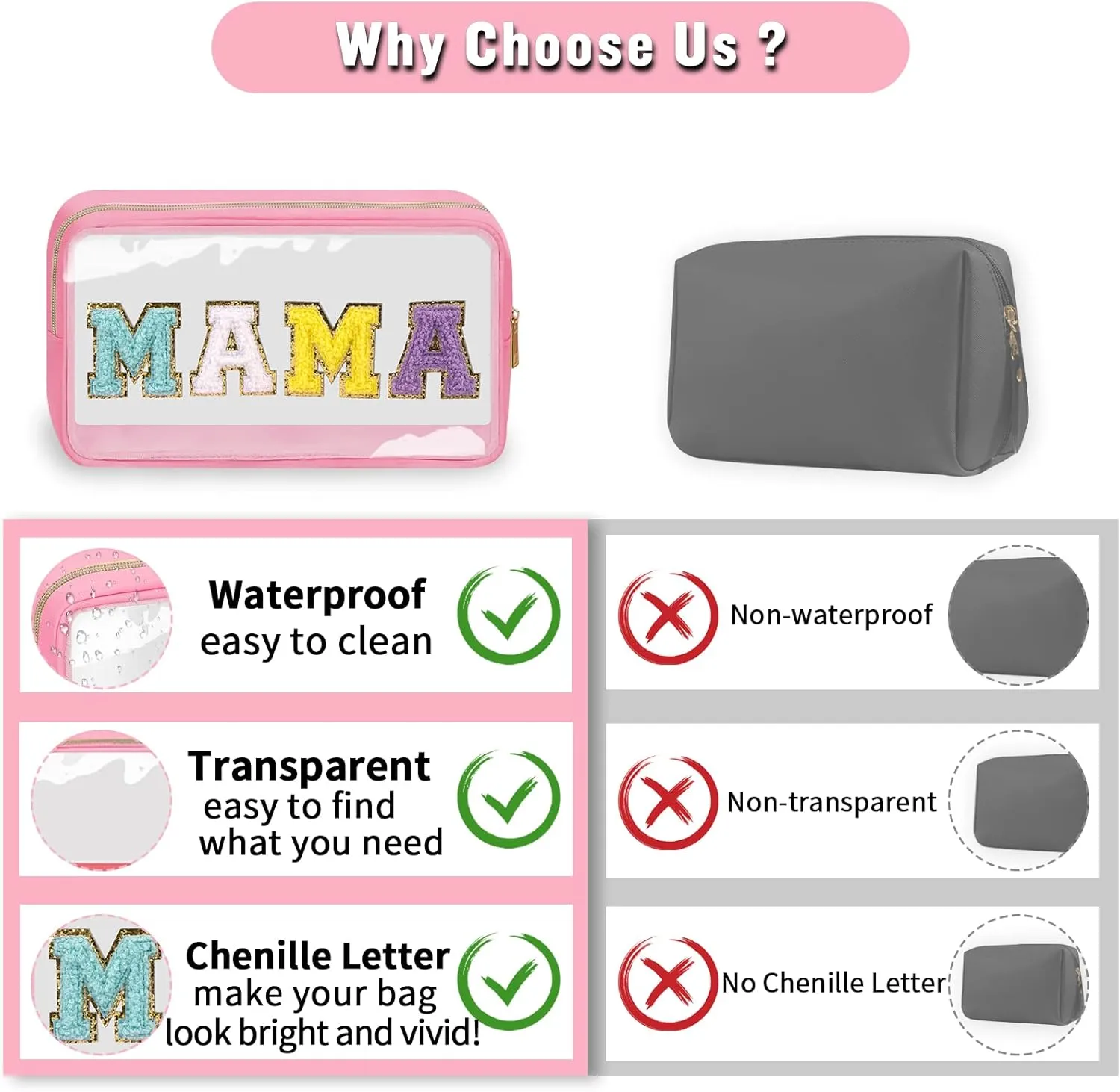 Chenille Letter Clear Makeup Bags Mama Pouch, Preppy Patch Makeup Bag with Zipper, Transparent PVC & Nylon Waterproof Portable Glitter Cosmetic Bag Travel Toiletry Storage for Women Girl(MAMA-Pink)