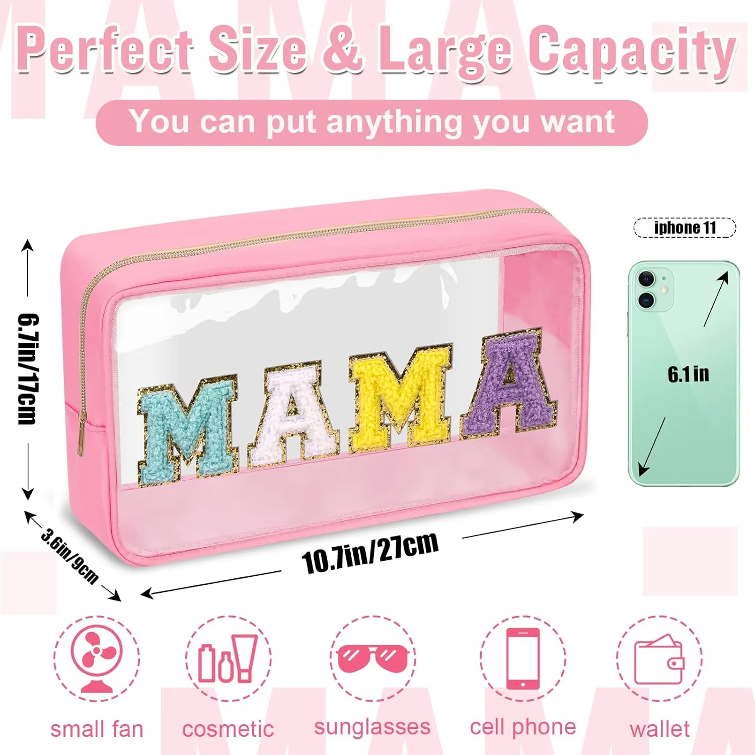 Chenille Letter Clear Makeup Bags Mama Pouch, Preppy Patch Makeup Bag with Zipper, Transparent PVC & Nylon Waterproof Portable Glitter Cosmetic Bag Travel Toiletry Storage for Women Girl(MAMA-Pink)