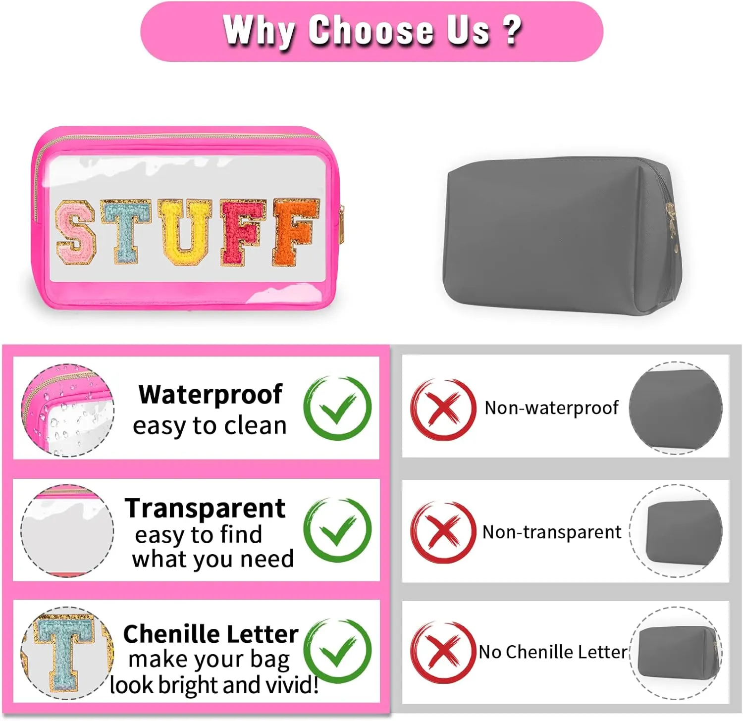 Chenille Letter Clear Makeup Bags Stuff Pouch, Preppy Patch Makeup Bag with Zipper, Transparent PVC & Nylon Waterproof Portable Glitter Cosmetic Bag Travel Toiletry Storage for Women Girl(STUFF-Rose)