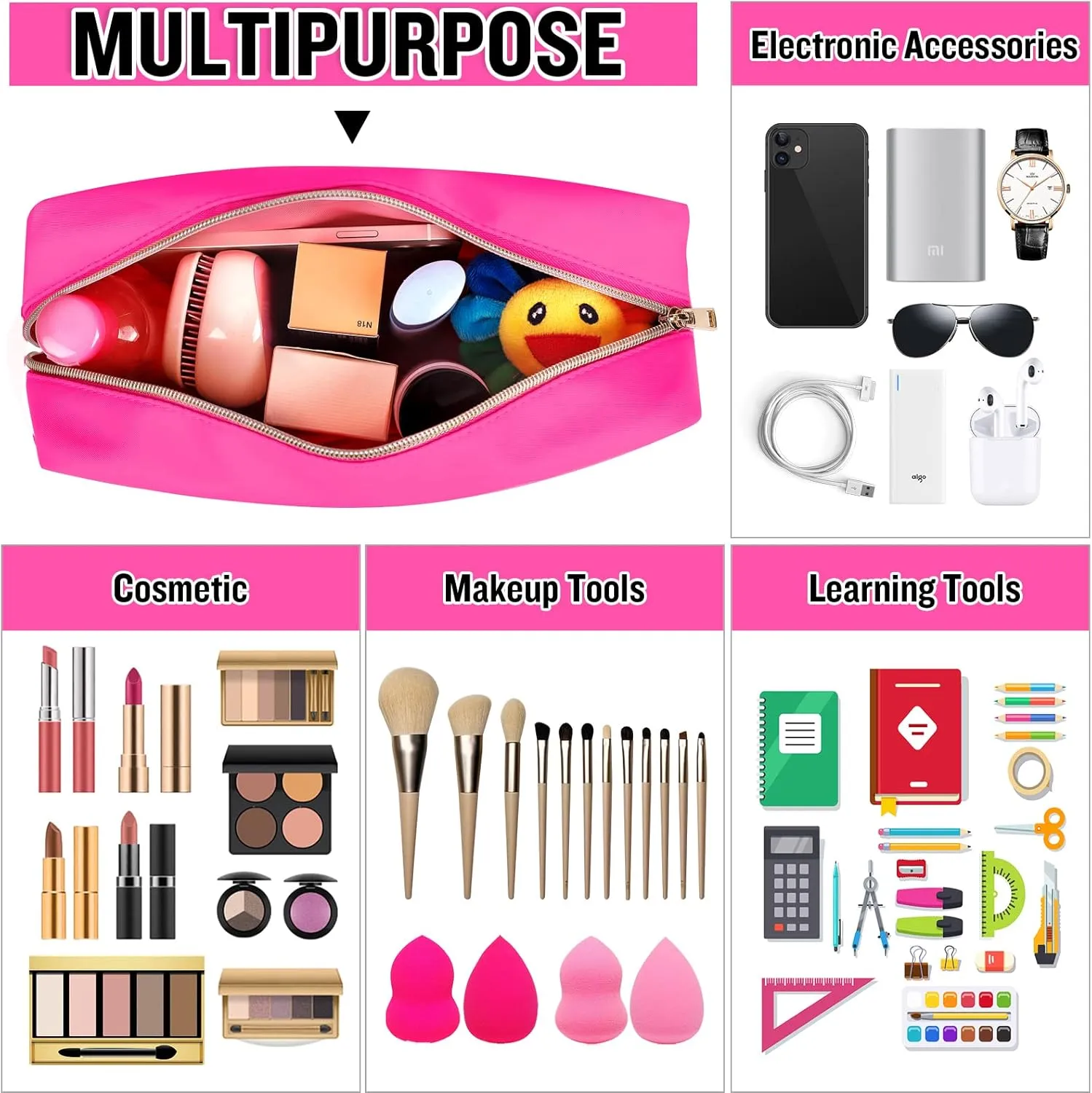 Chenille Letter Clear Makeup Bags Stuff Pouch, Preppy Patch Makeup Bag with Zipper, Transparent PVC & Nylon Waterproof Portable Glitter Cosmetic Bag Travel Toiletry Storage for Women Girl(STUFF-Rose)