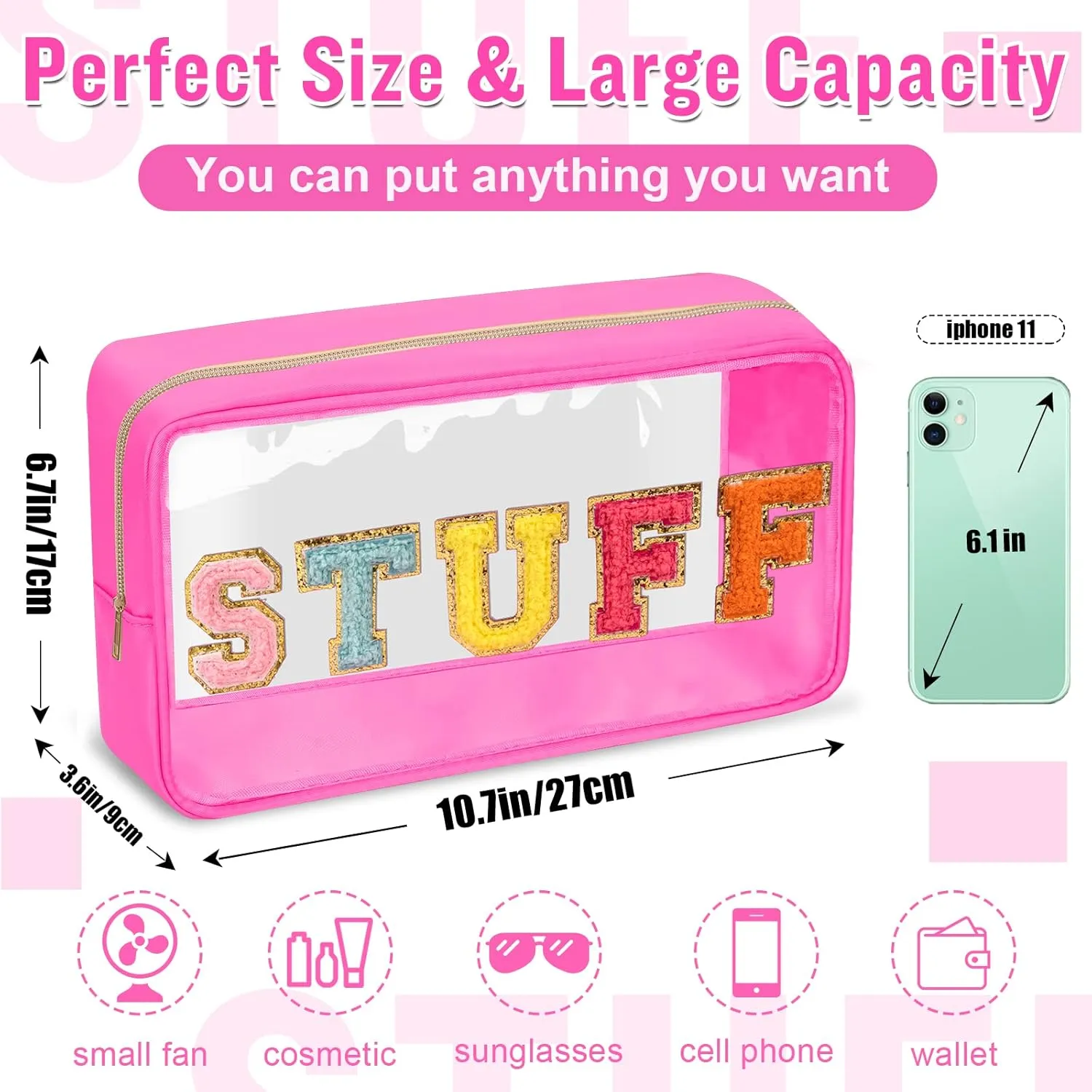 Chenille Letter Clear Makeup Bags Stuff Pouch, Preppy Patch Makeup Bag with Zipper, Transparent PVC & Nylon Waterproof Portable Glitter Cosmetic Bag Travel Toiletry Storage for Women Girl(STUFF-Rose)