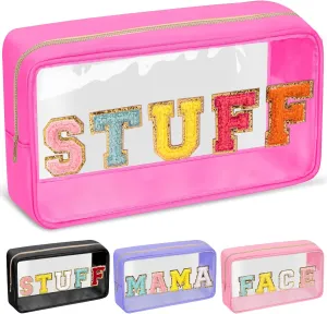 Chenille Letter Clear Makeup Bags Stuff Pouch, Preppy Patch Makeup Bag with Zipper, Transparent PVC & Nylon Waterproof Portable Glitter Cosmetic Bag Travel Toiletry Storage for Women Girl(STUFF-Rose)