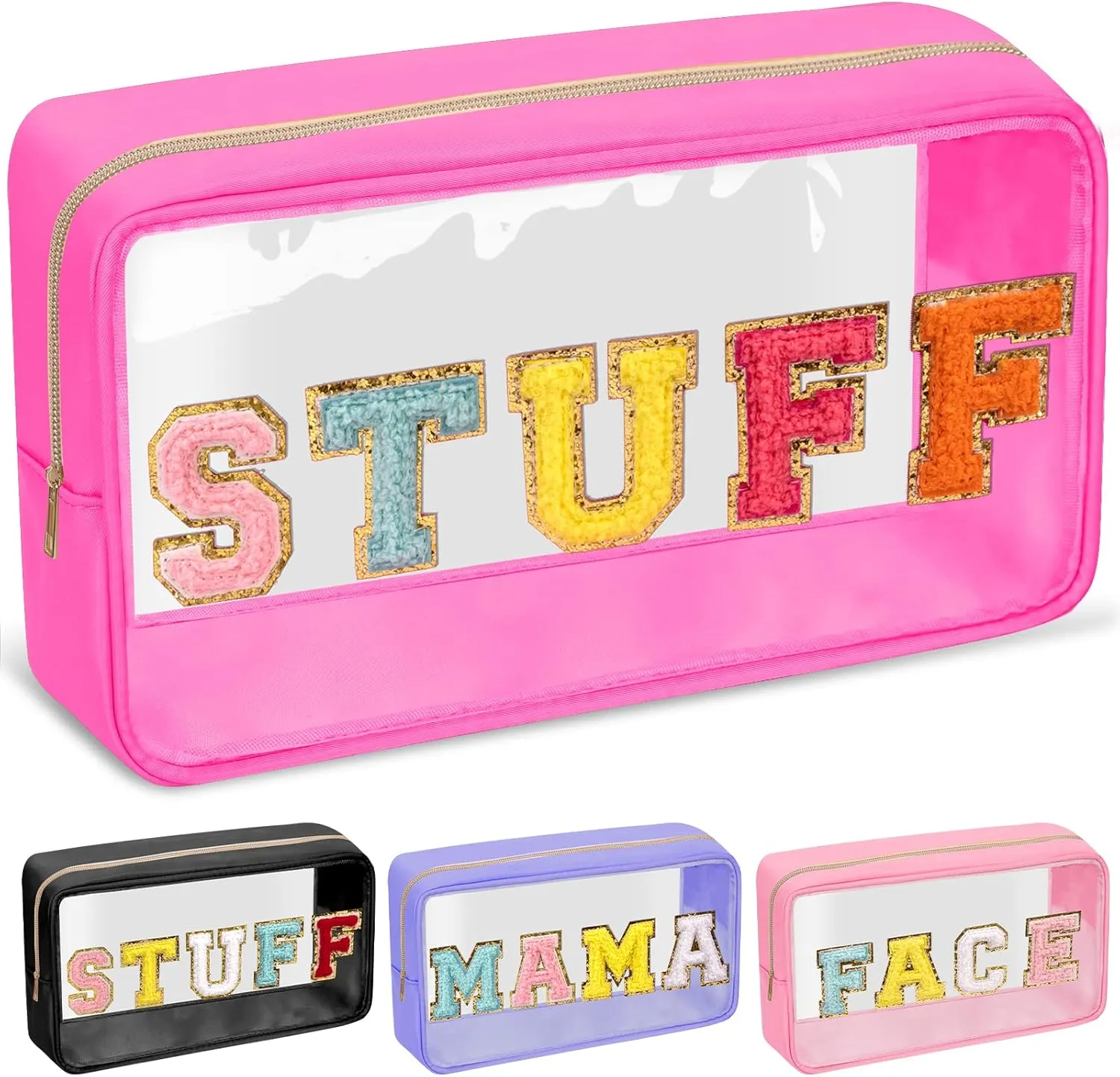 Chenille Letter Clear Makeup Bags Stuff Pouch, Preppy Patch Makeup Bag with Zipper, Transparent PVC & Nylon Waterproof Portable Glitter Cosmetic Bag Travel Toiletry Storage for Women Girl(STUFF-Rose)