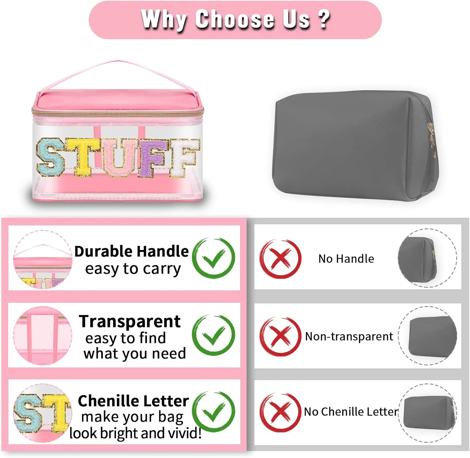 Chenille Letter Clear Makeup Bags Stuff Pouch, Preppy Patch Makeup Bag Zipper with Handle, Transparent PVC & Nylon Waterproof Glitter Cosmetic Handbag Travel Toiletry Storage for Women (STUFF-Pink)