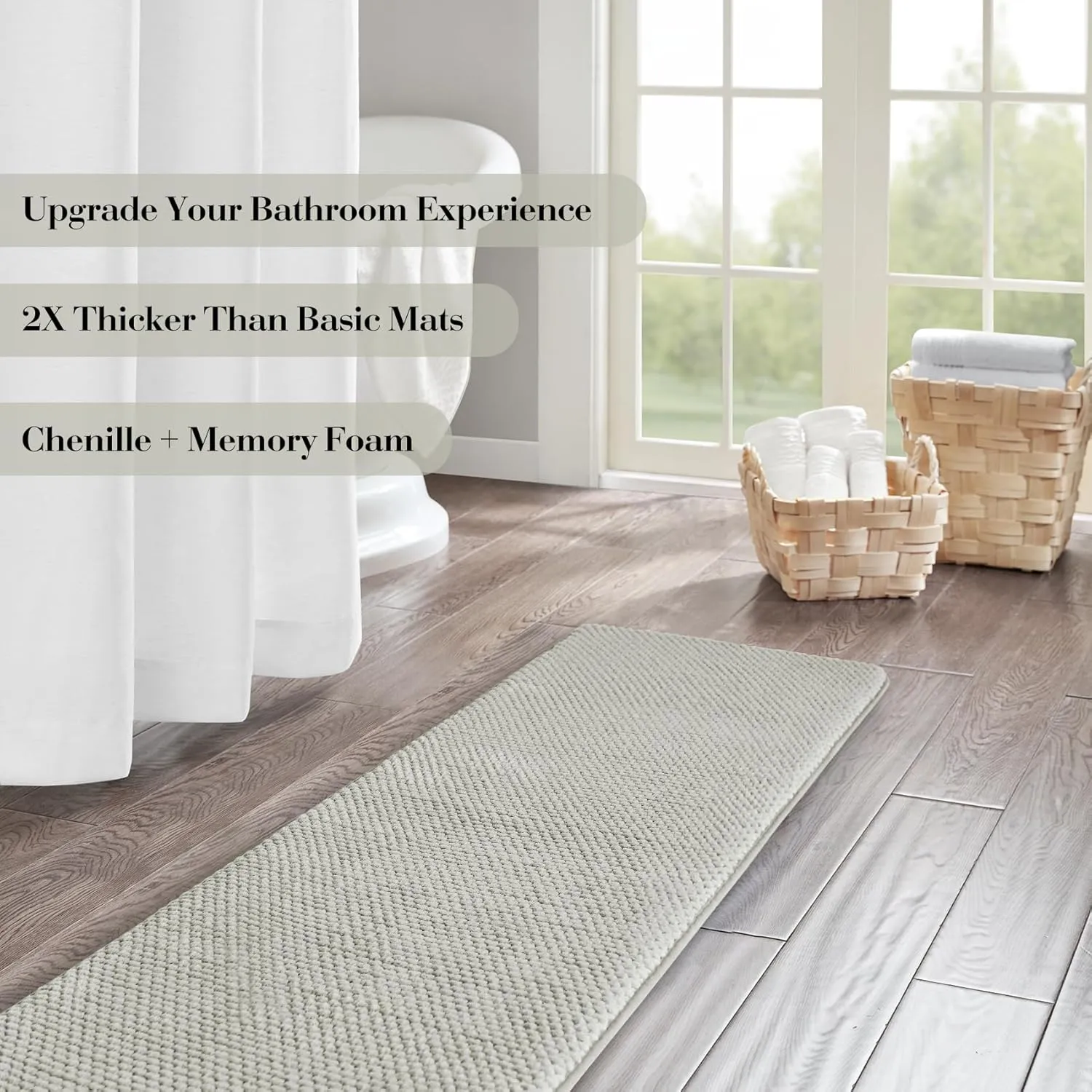 Chenille Light Grey Bathroom Rugs Runner Narrow Long Absorbent Quick Dry Bath Mat Memory Foam Bathroom Carpet Non Slip Washable Bathrug Large,17" x 47"