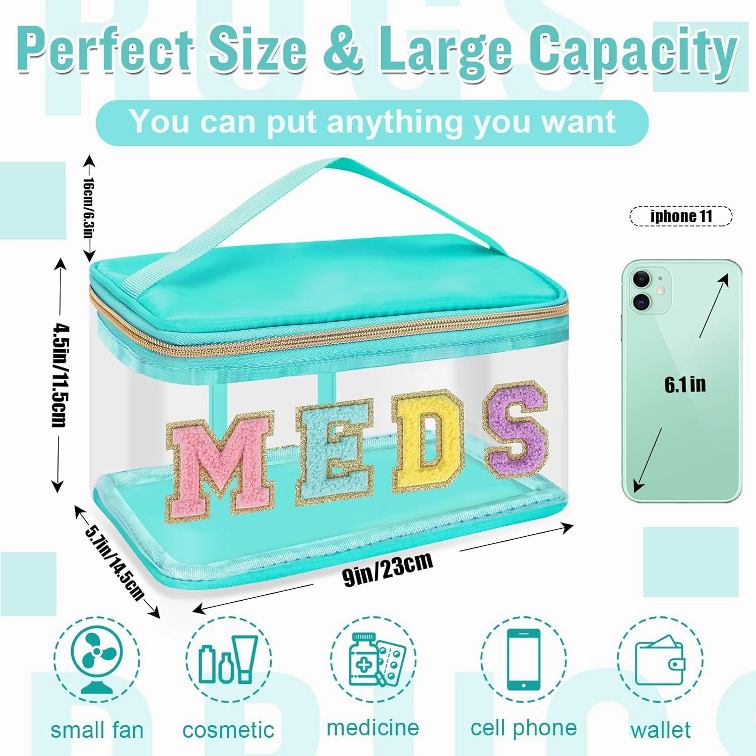 Chenille Letter Bag Clear MEDS Makeup Pouch, Preppy Small Medicine Bag Travel Drugs Pills Zipper Pouch with Handle, Nylon Waterproof Portable Meds Bag Toiletry Organizer for Patient Nurse(MEDS-Green)
