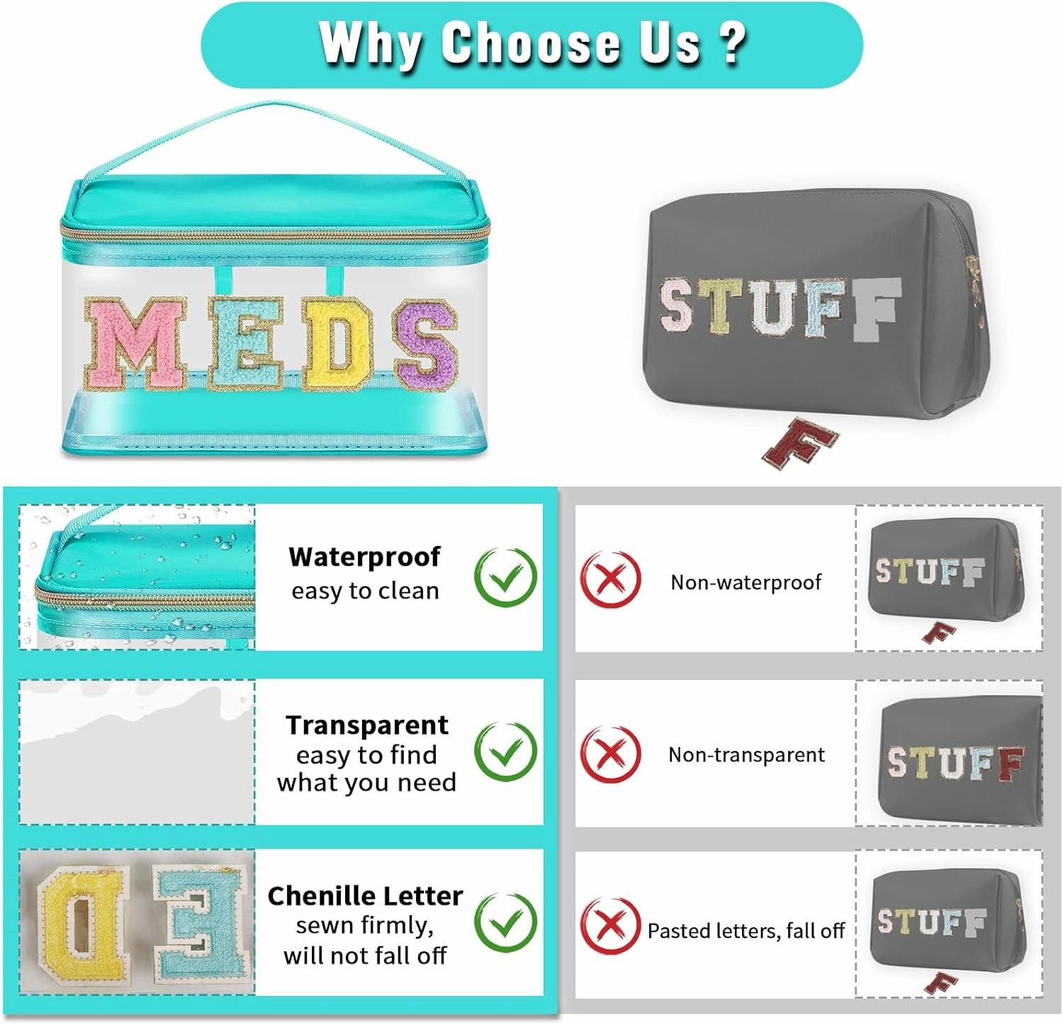 Chenille Letter Bag Clear MEDS Makeup Pouch, Preppy Small Medicine Bag Travel Drugs Pills Zipper Pouch with Handle, Nylon Waterproof Portable Meds Bag Toiletry Organizer for Patient Nurse(MEDS-Green)