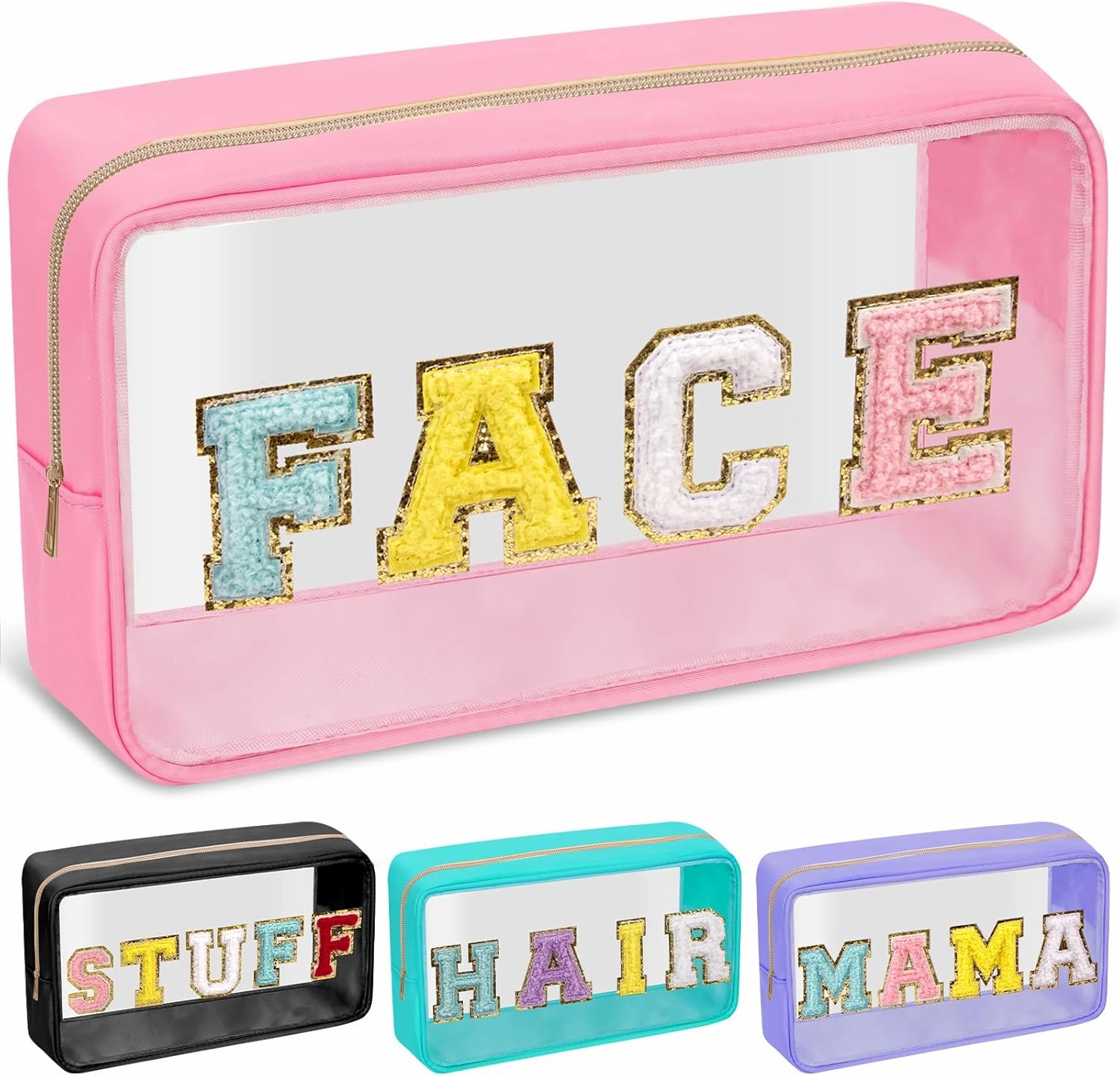 Chenille Letter Clear Makeup Bags Face Pouch, Preppy Patch Makeup Bag with Zipper, Transparent PVC & Nylon Waterproof Portable Glitter Cosmetic Bag Travel Toiletry Storage for Women Girl(FACE-Pink)