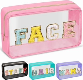 Chenille Letter Clear Makeup Bags Face Pouch, Preppy Patch Makeup Bag with Zipper, Transparent PVC & Nylon Waterproof Portable Glitter Cosmetic Bag Travel Toiletry Storage for Women Girl(FACE-Pink)