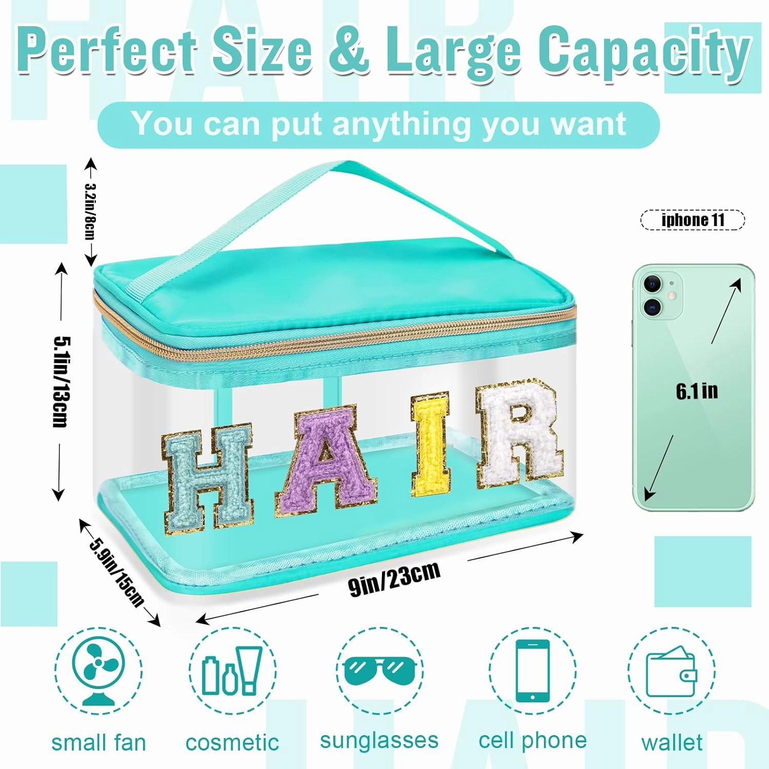 Chenille Letter Clear Makeup Bags Hair Pouch, Preppy Patch Makeup Bag Zipper with Handle, Transparent PVC & Nylon Waterproof Glitter Cosmetic Handbag Travel Toiletry Storage for Women Girl(HAIR-Green)