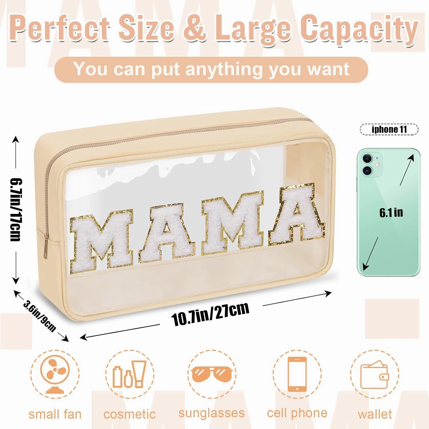 Chenille Letter Clear Makeup Bags Mama Pouch, Preppy Patch Makeup Bag with Zipper, Transparent PVC & Nylon Waterproof Portable Glitter Cosmetic Bag Travel Toiletry Storage for Women Girls(MAMA-Beige)