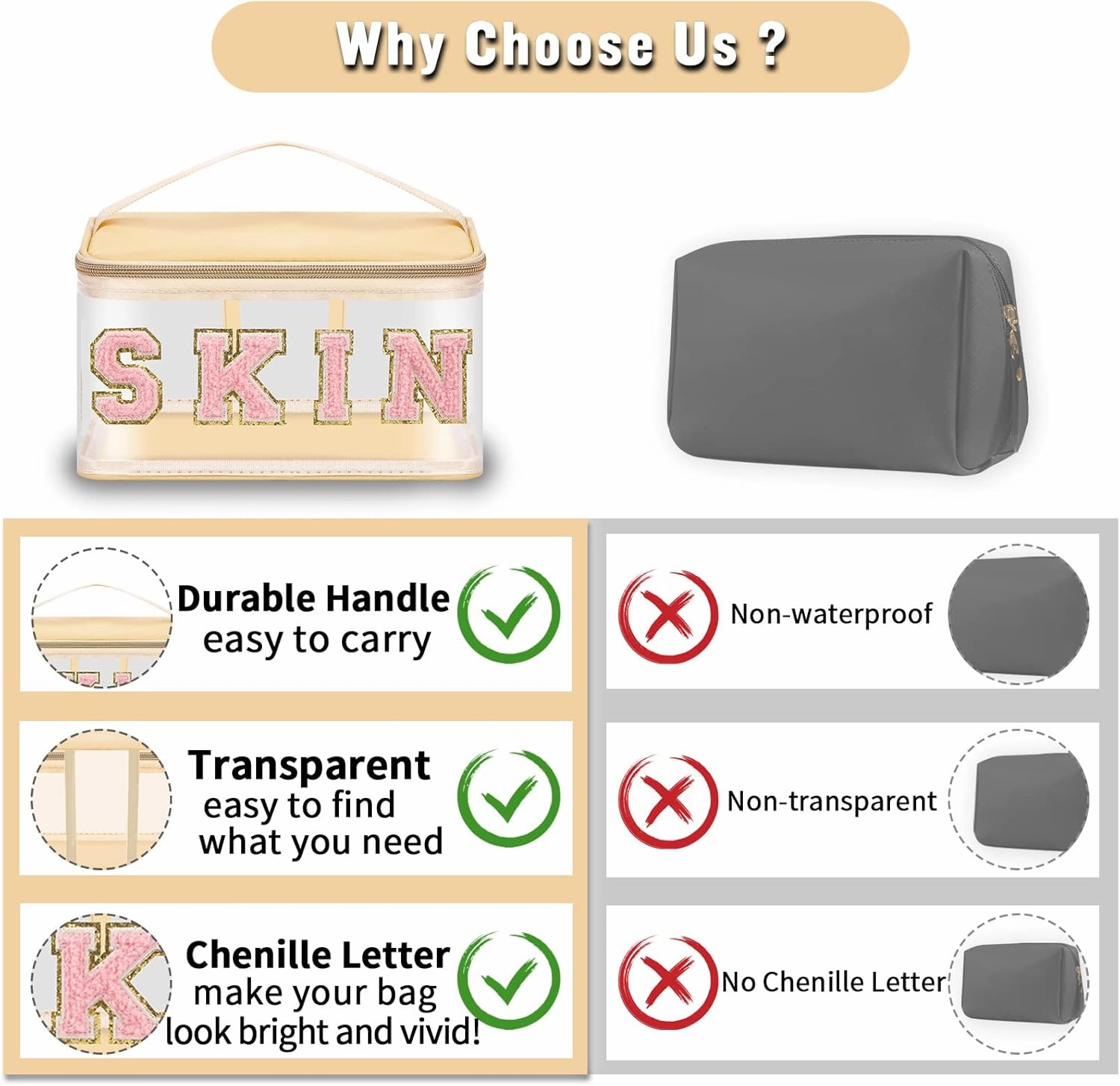Chenille Letter Clear Makeup Bags Skin Pouch, Preppy Patch Makeup Bag Zipper with Handle, Transparent PVC & Nylon Waterproof Glitter Cosmetic Handbag Travel Toiletry Storage for Women Girl(SKIN-Beige)