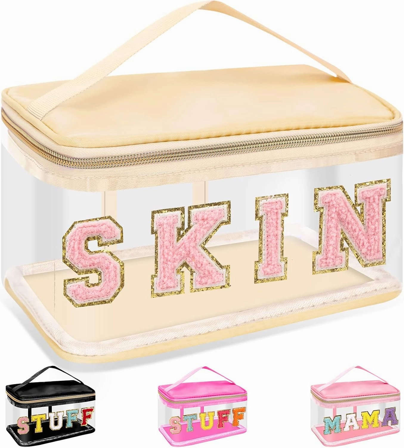 Chenille Letter Clear Makeup Bags Skin Pouch, Preppy Patch Makeup Bag Zipper with Handle, Transparent PVC & Nylon Waterproof Glitter Cosmetic Handbag Travel Toiletry Storage for Women Girl(SKIN-Beige)
