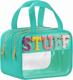Chenille Letter Clear Makeup Bags, Stuff Bag for Travel, Preppy Patch Nylon Cosmetic Bag with Handles and Zipper, Waterproof Large Clear Travel Toiletry Bag Storage Bag for Women