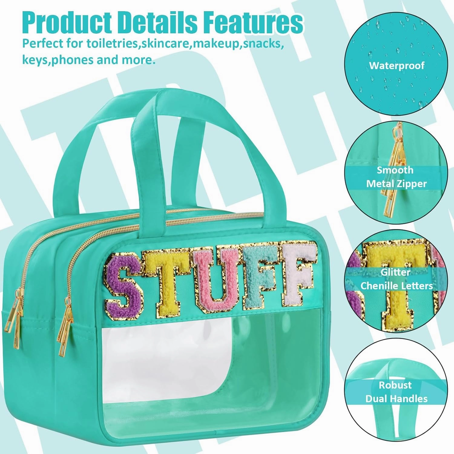 Chenille Letter Clear Makeup Bags, Stuff Bag for Travel, Preppy Patch Nylon Cosmetic Bag with Handles and Zipper, Waterproof Large Clear Travel Toiletry Bag Storage Bag for Women