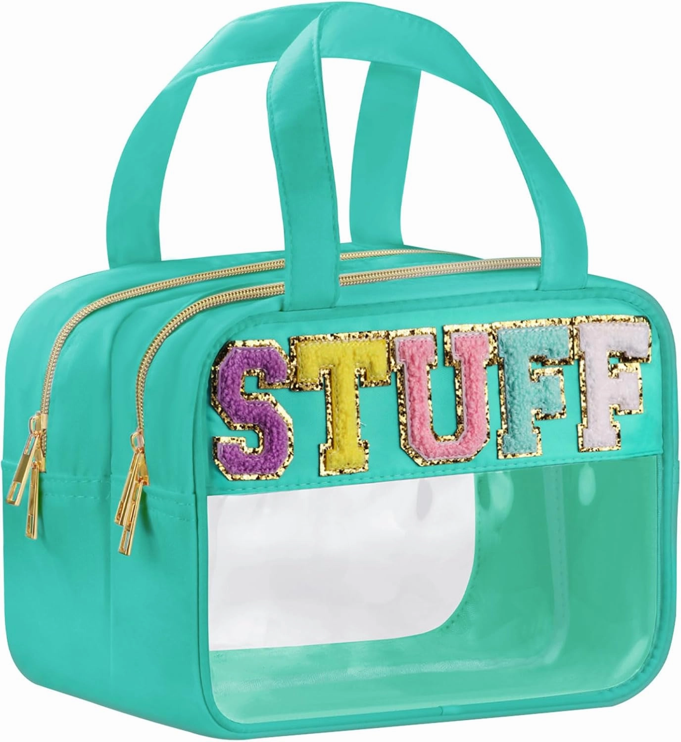 Chenille Letter Clear Makeup Bags, Stuff Bag for Travel, Preppy Patch Nylon Cosmetic Bag with Handles and Zipper, Waterproof Large Clear Travel Toiletry Bag Storage Bag for Women