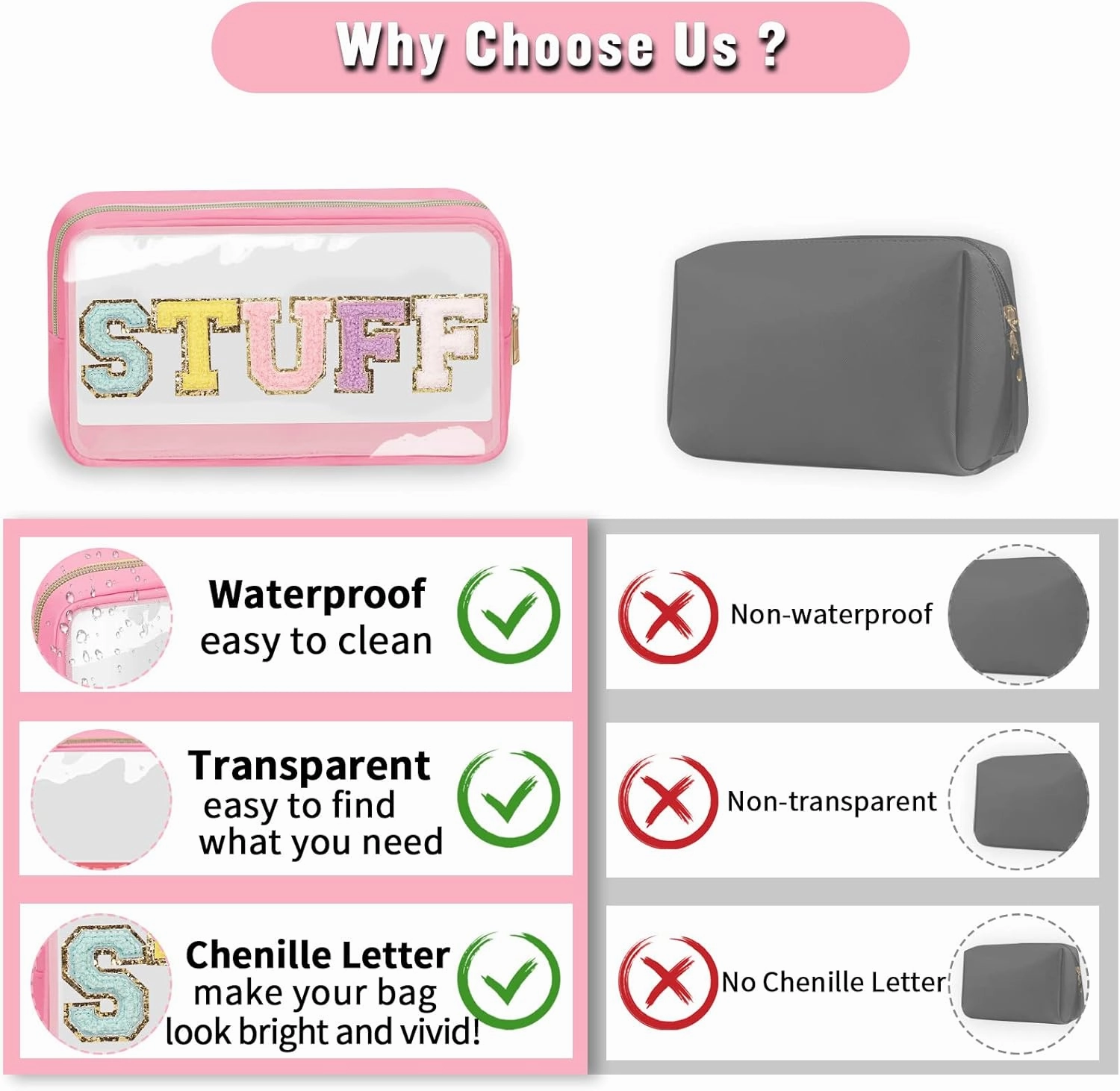 Chenille Letter Clear Makeup Bags Stuff Pouch, Preppy Patch Makeup Bag with Zipper, Transparent PVC & Nylon Waterproof Portable Glitter Cosmetic Bag Travel Toiletry Storage for Women Girls(STUFF-Pink)