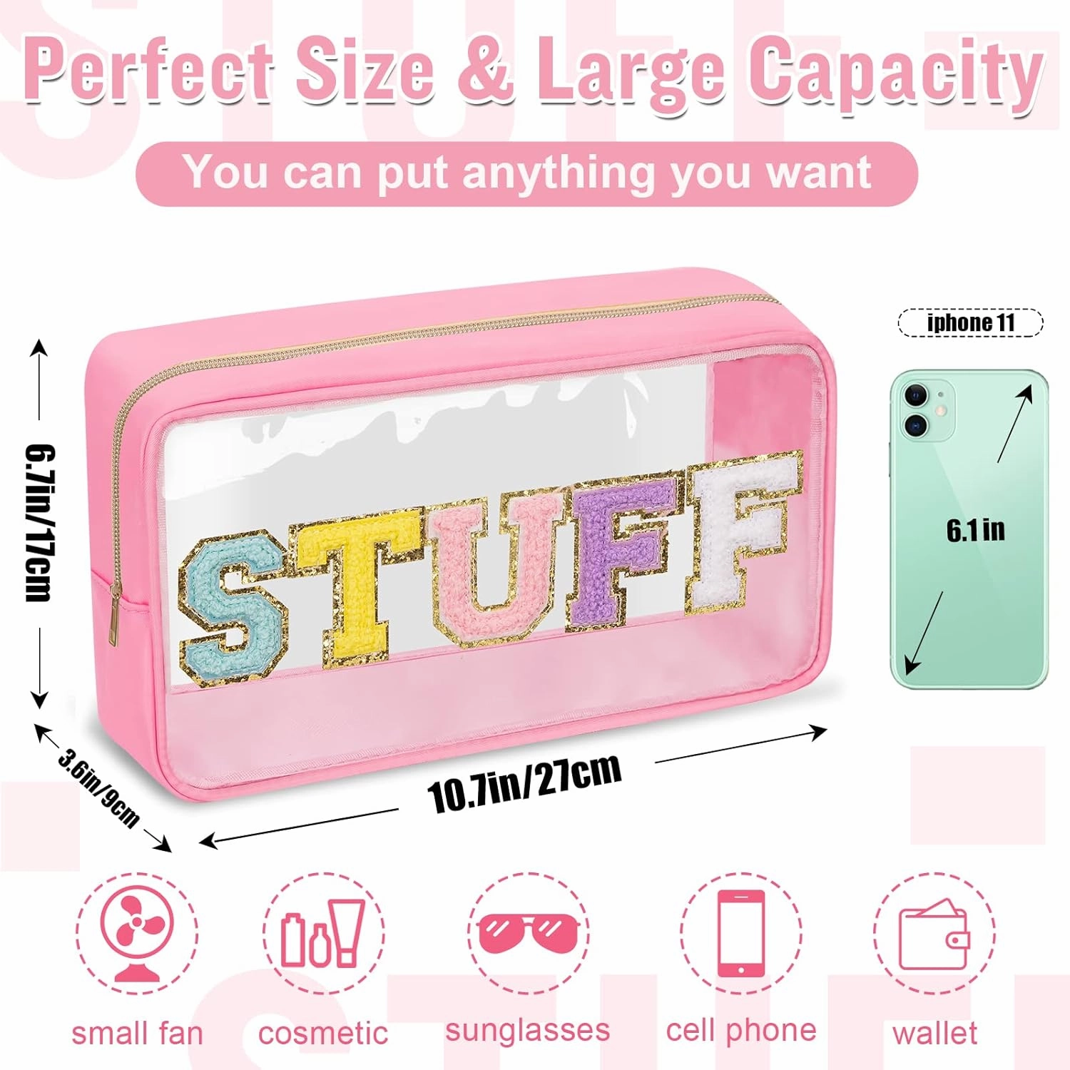 Chenille Letter Clear Makeup Bags Stuff Pouch, Preppy Patch Makeup Bag with Zipper, Transparent PVC & Nylon Waterproof Portable Glitter Cosmetic Bag Travel Toiletry Storage for Women Girls(STUFF-Pink)
