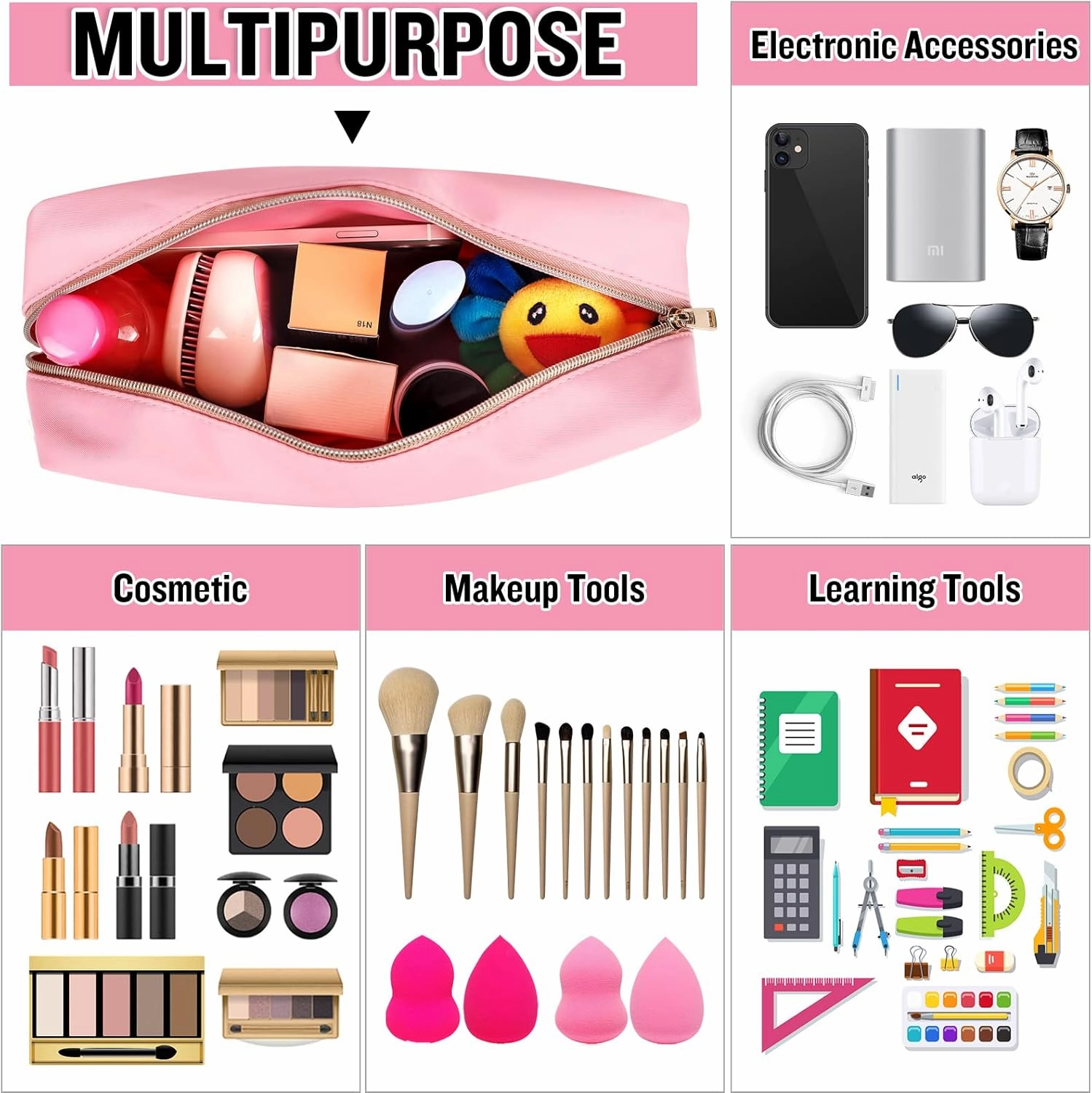 Chenille Letter Clear Makeup Bags Stuff Pouch, Preppy Patch Makeup Bag with Zipper, Transparent PVC & Nylon Waterproof Portable Glitter Cosmetic Bag Travel Toiletry Storage for Women Girls(STUFF-Pink)