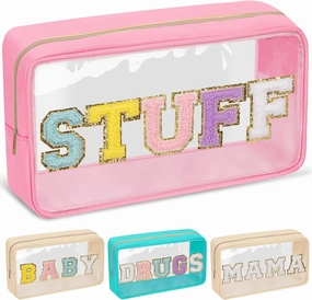 Chenille Letter Clear Makeup Bags Stuff Pouch, Preppy Patch Makeup Bag with Zipper, Transparent PVC & Nylon Waterproof Portable Glitter Cosmetic Bag Travel Toiletry Storage for Women Girls(STUFF-Pink)