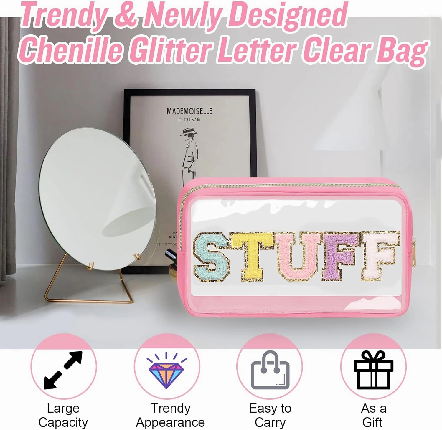 Chenille Letter Clear Makeup Bags Stuff Pouch, Preppy Patch Makeup Bag with Zipper, Transparent PVC & Nylon Waterproof Portable Glitter Cosmetic Bag Travel Toiletry Storage for Women Girls(STUFF-Pink)