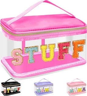 Chenille Letter Clear Makeup Bags Stuff Pouch, Preppy Patch Makeup Bag Zipper with Handle, Transparent PVC & Nylon Waterproof Glitter Cosmetic Handbag Travel Toiletry Storage for Women(STUFF-Rose)
