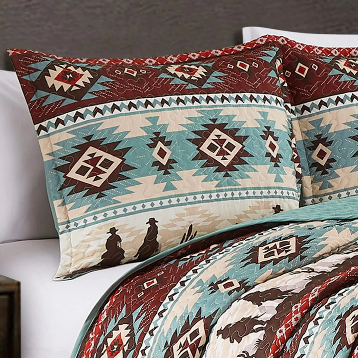 Chezmoi Collection Dune 3-Piece Southwestern Cowboys Aztec Quilt Set - Multicolor Teal Brown Beige Tan Red Printed Microfiber Bedspread Set, Queen (100" x 95")