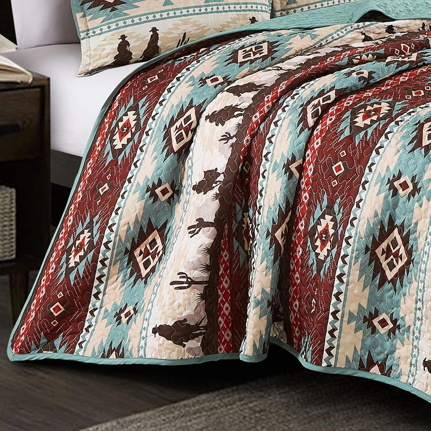 Chezmoi Collection Dune 3-Piece Southwestern Cowboys Aztec Quilt Set - Multicolor Teal Brown Beige Tan Red Printed Microfiber Bedspread Set, Queen (100" x 95")