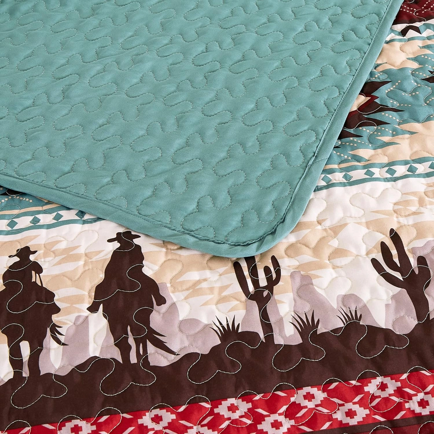 Chezmoi Collection Dune 3-Piece Southwestern Cowboys Aztec Quilt Set - Multicolor Teal Brown Beige Tan Red Printed Microfiber Bedspread Set, Queen (100" x 95")
