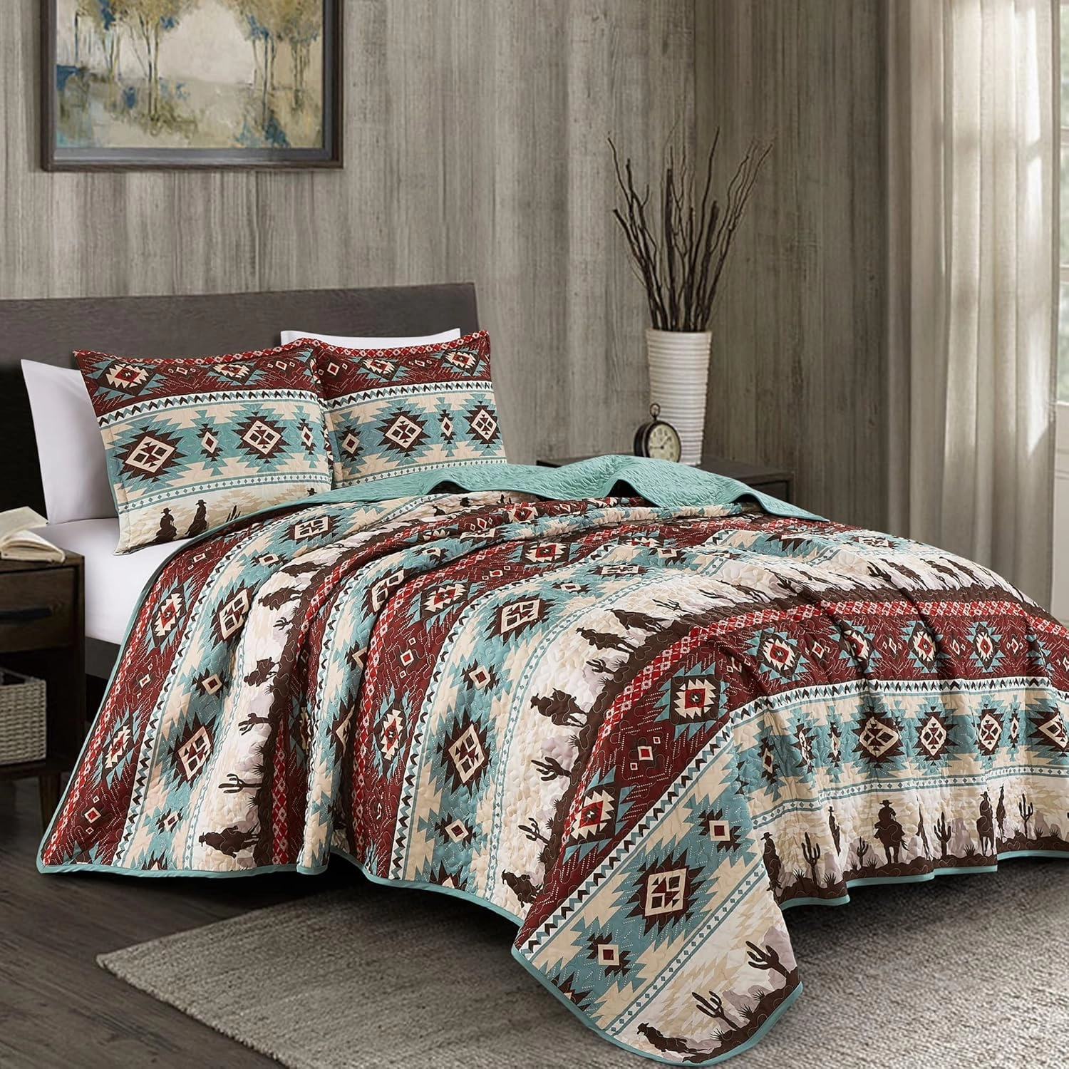 Chezmoi Collection Dune 3-Piece Southwestern Cowboys Aztec Quilt Set - Multicolor Teal Brown Beige Tan Red Printed Microfiber Bedspread Set, Queen (100" x 95")