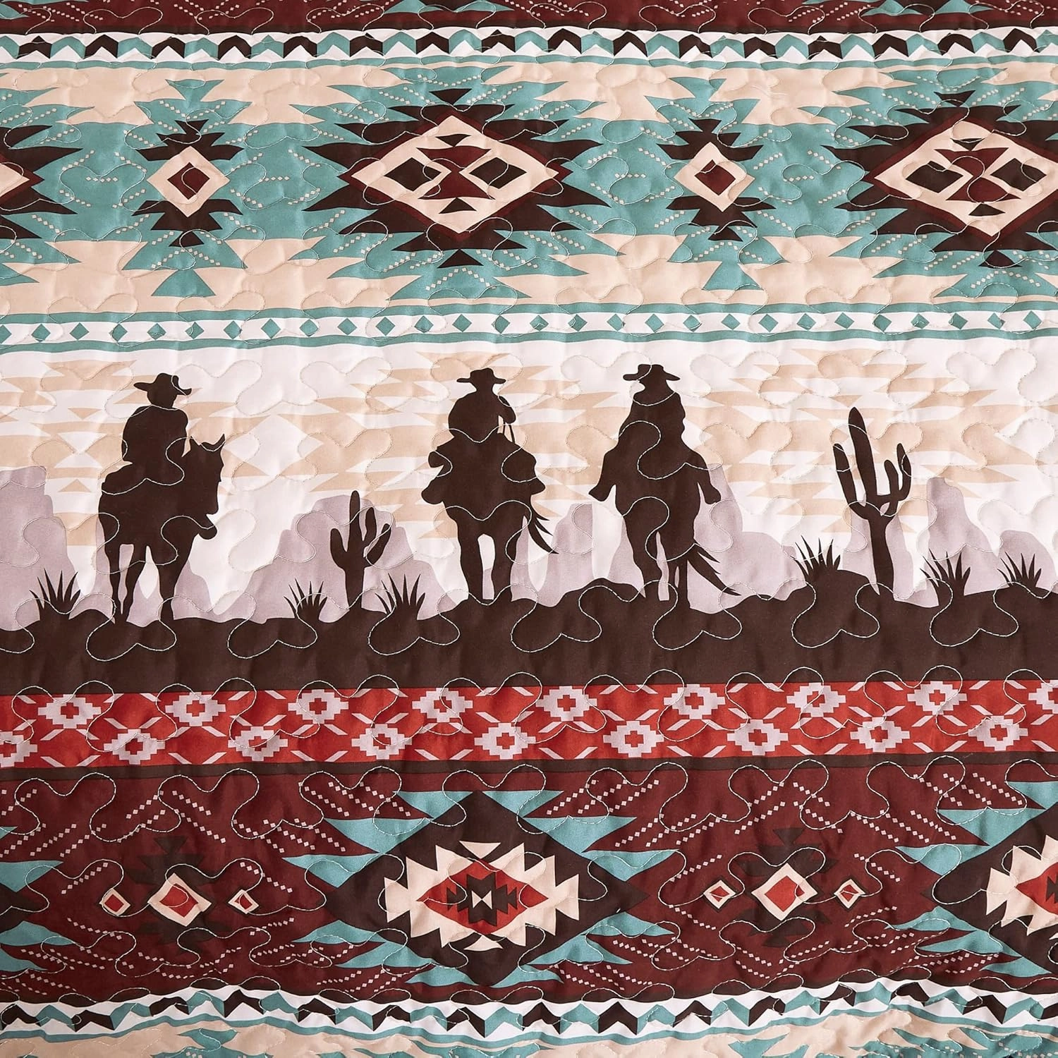 Chezmoi Collection Dune 3-Piece Southwestern Cowboys Aztec Quilt Set - Multicolor Teal Brown Beige Tan Red Printed Microfiber Bedspread Set, Queen (100" x 95")