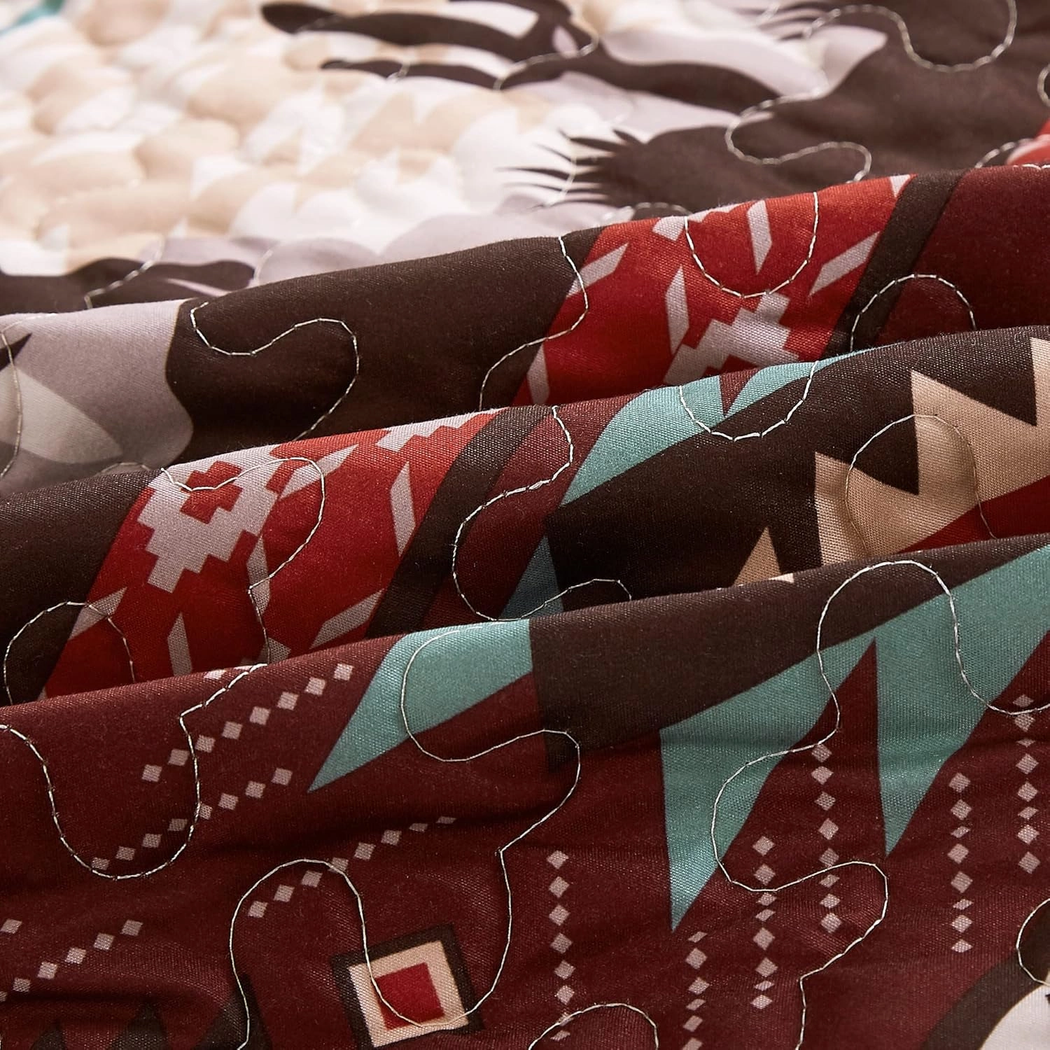 Chezmoi Collection Dune 3-Piece Southwestern Cowboys Aztec Quilt Set - Multicolor Teal Brown Beige Tan Red Printed Microfiber Bedspread Set, Queen (100" x 95")