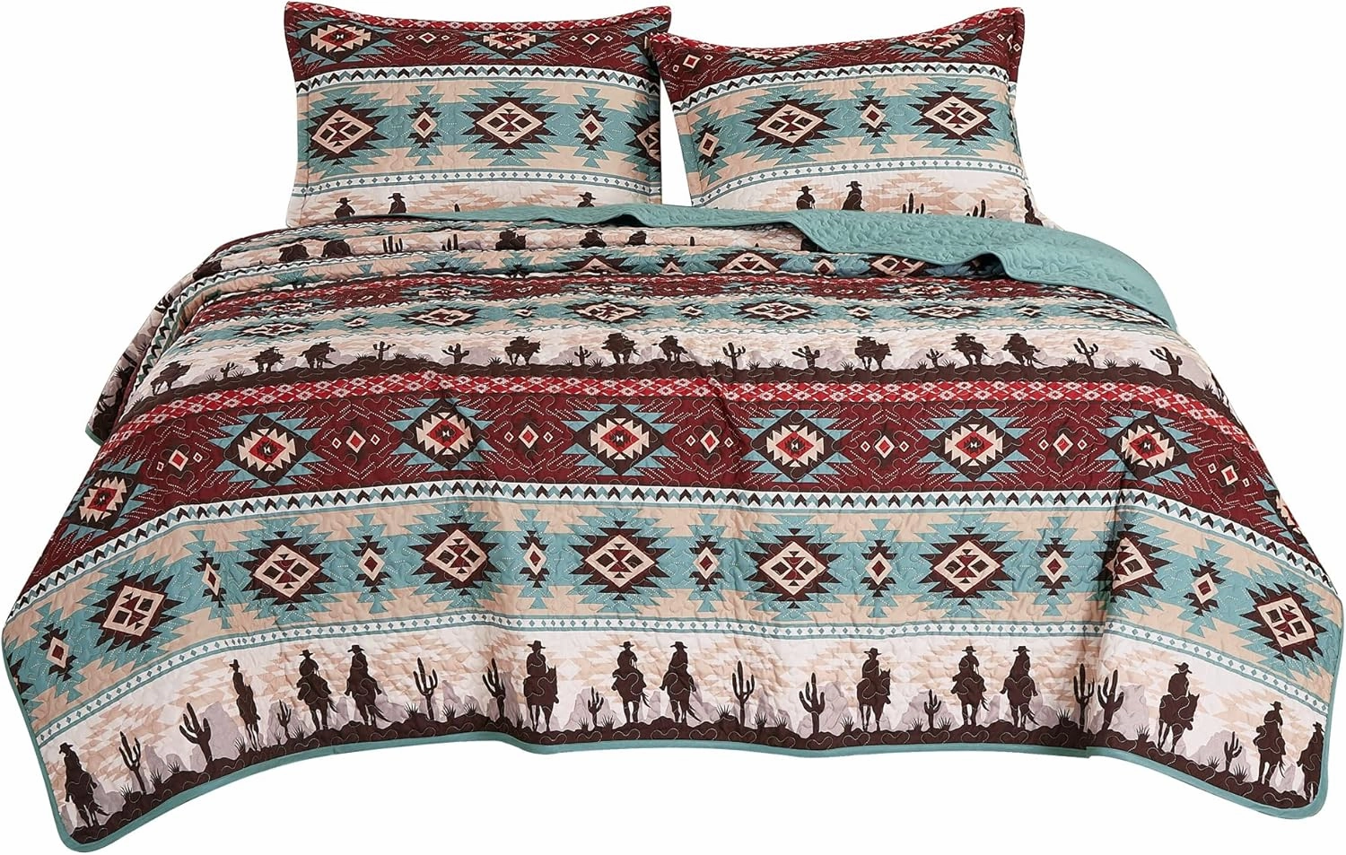 Chezmoi Collection Dune 3-Piece Southwestern Cowboys Aztec Quilt Set - Multicolor Teal Brown Beige Tan Red Printed Microfiber Bedspread Set, Queen (100" x 95")