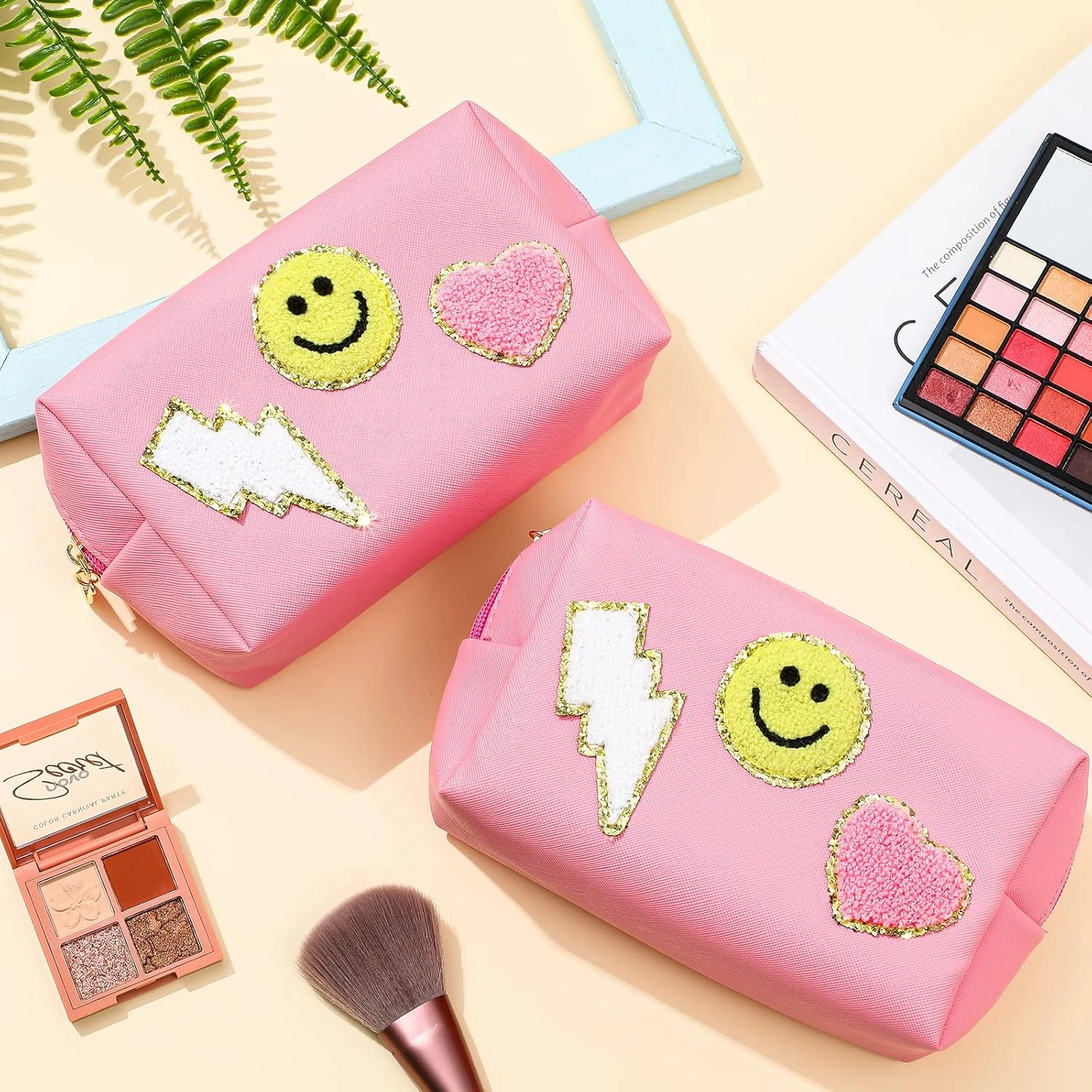 Chunful 9 Pieces Preppy Patch Makeup Bag Chenille Letters Cosmetic PU Leather Portable Waterproof Toiletry Travel Bag for Women End of the Year Teacher Gifts Bulk(Pink,Smile, Lightning, Heart)