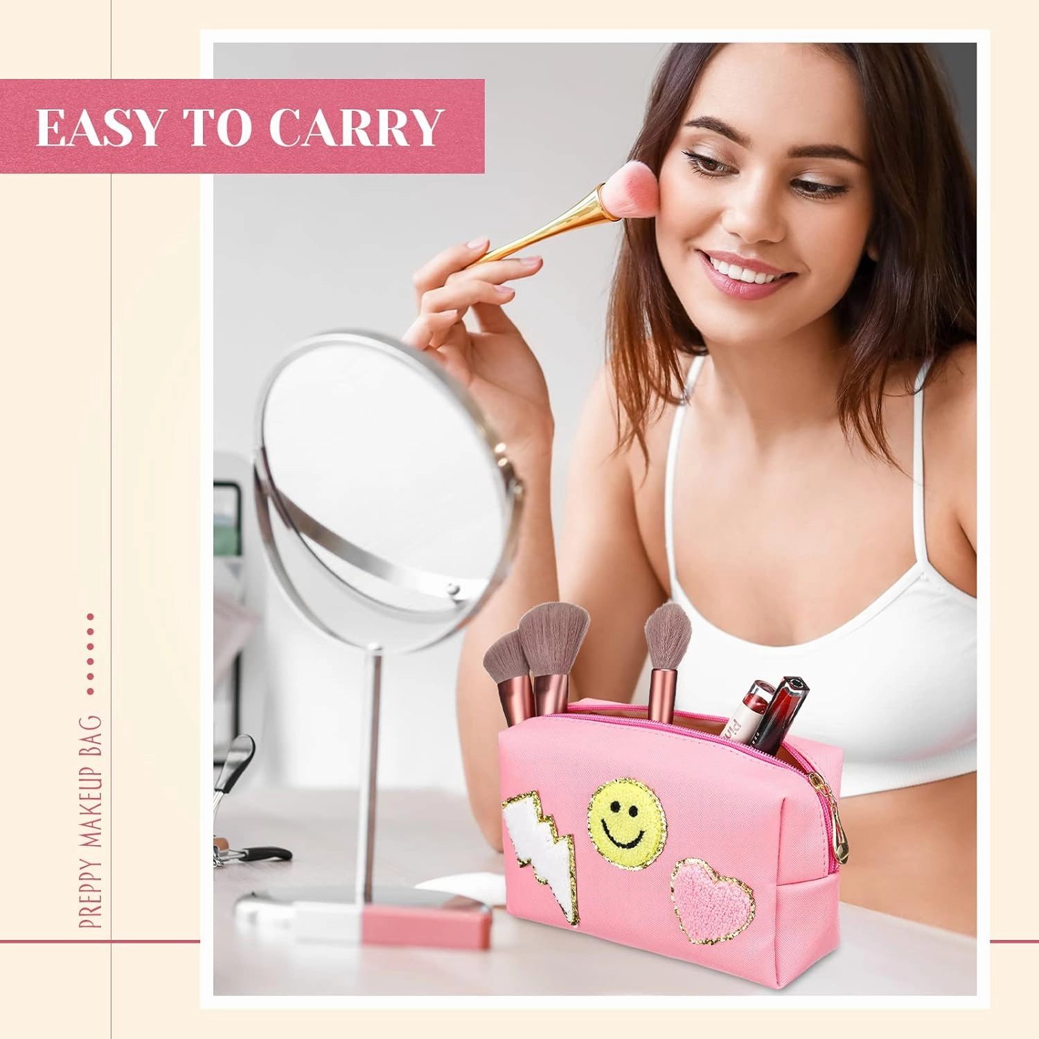 Chunful 9 Pieces Preppy Patch Makeup Bag Chenille Letters Cosmetic PU Leather Portable Waterproof Toiletry Travel Bag for Women End of the Year Teacher Gifts Bulk(Pink,Smile, Lightning, Heart)
