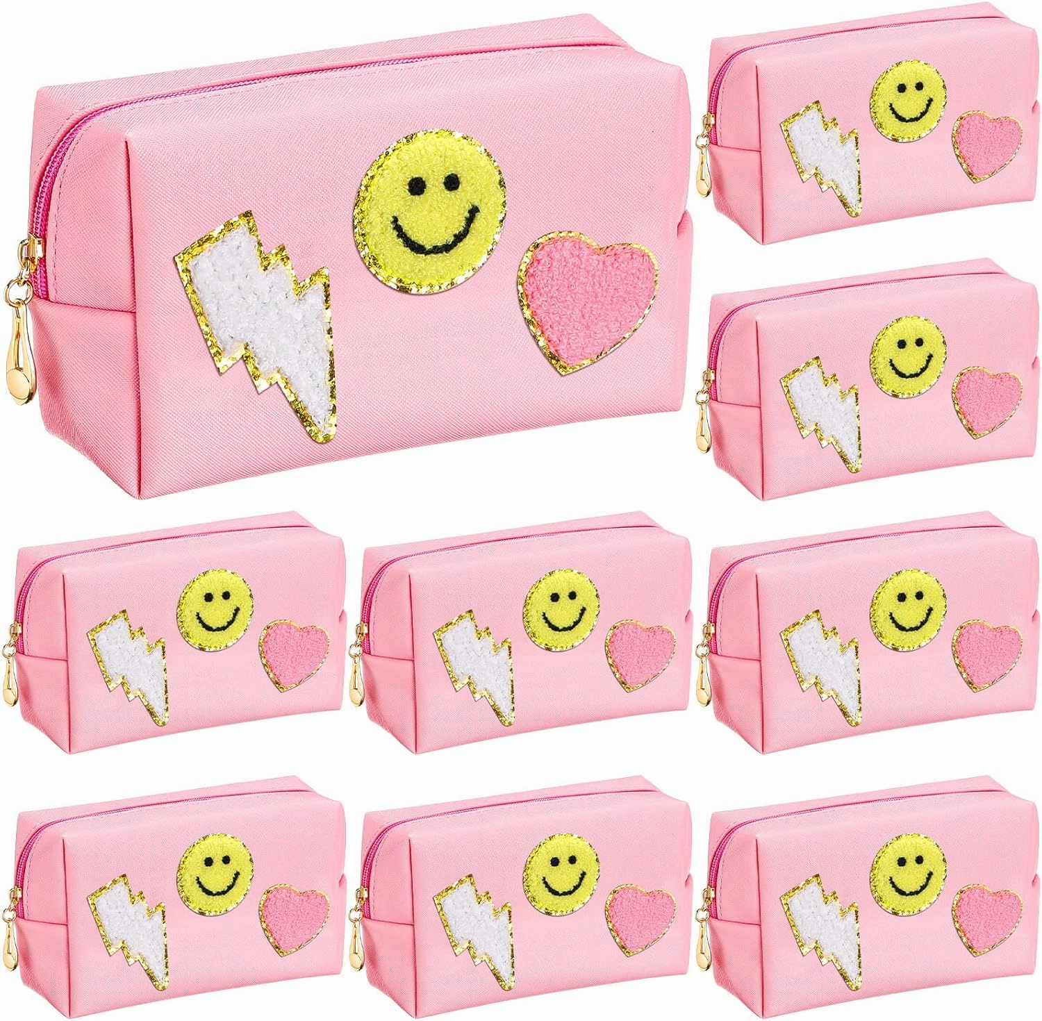 Chunful 9 Pieces Preppy Patch Makeup Bag Chenille Letters Cosmetic PU Leather Portable Waterproof Toiletry Travel Bag for Women End of the Year Teacher Gifts Bulk(Pink,Smile, Lightning, Heart)