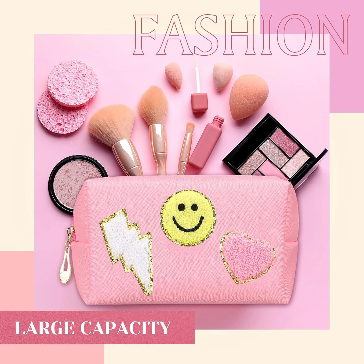 Chunful 9 Pieces Preppy Patch Makeup Bag Chenille Letters Cosmetic PU Leather Portable Waterproof Toiletry Travel Bag for Women End of the Year Teacher Gifts Bulk(Pink,Smile, Lightning, Heart)