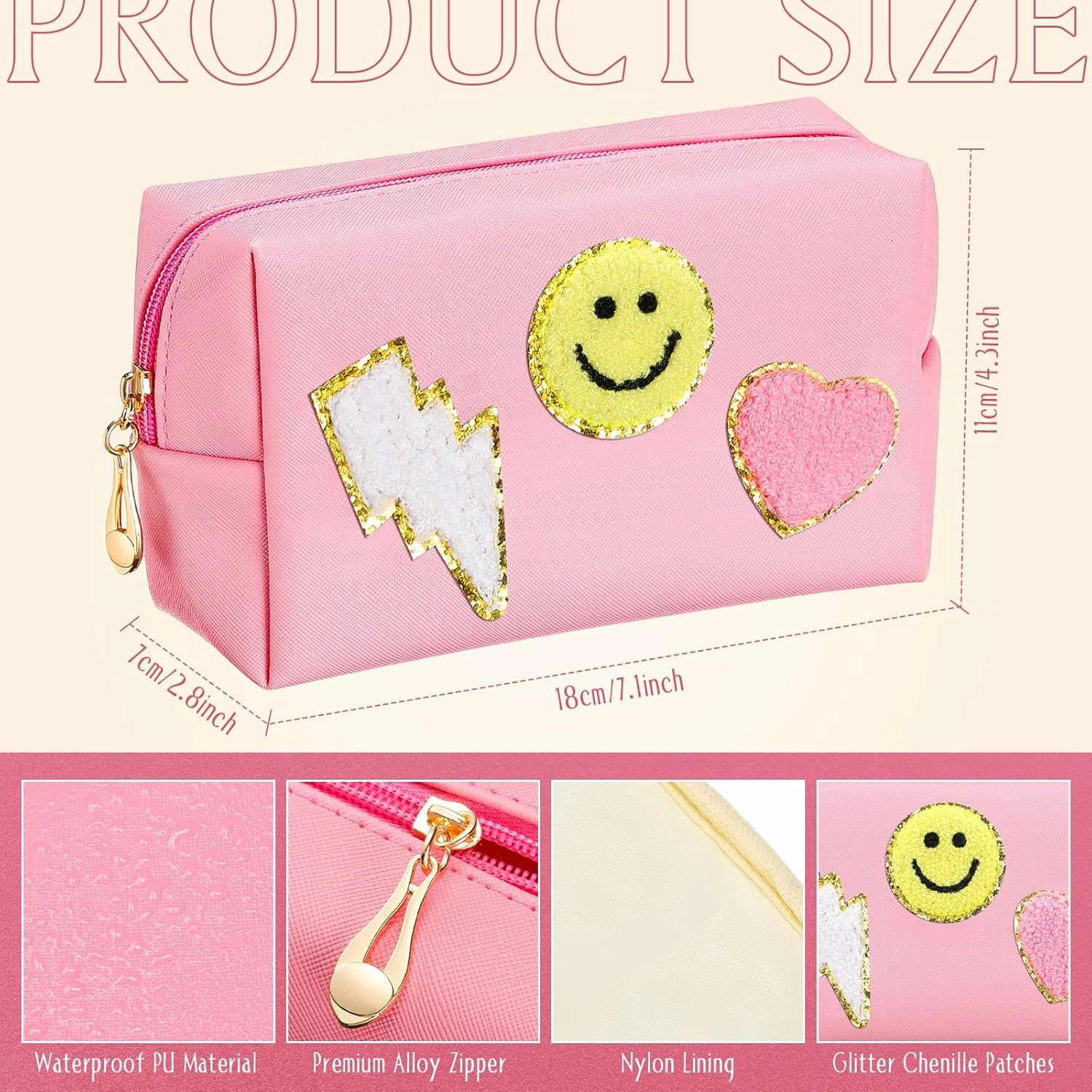 Chunful 9 Pieces Preppy Patch Makeup Bag Chenille Letters Cosmetic PU Leather Portable Waterproof Toiletry Travel Bag for Women End of the Year Teacher Gifts Bulk(Pink,Smile, Lightning, Heart)