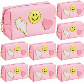 Chunful 9 Pieces Preppy Patch Makeup Bag Chenille Letters Cosmetic PU Leather Portable Waterproof Toiletry Travel Bag for Women End of the Year Teacher Gifts Bulk(Pink,Smile, Lightning, Heart)