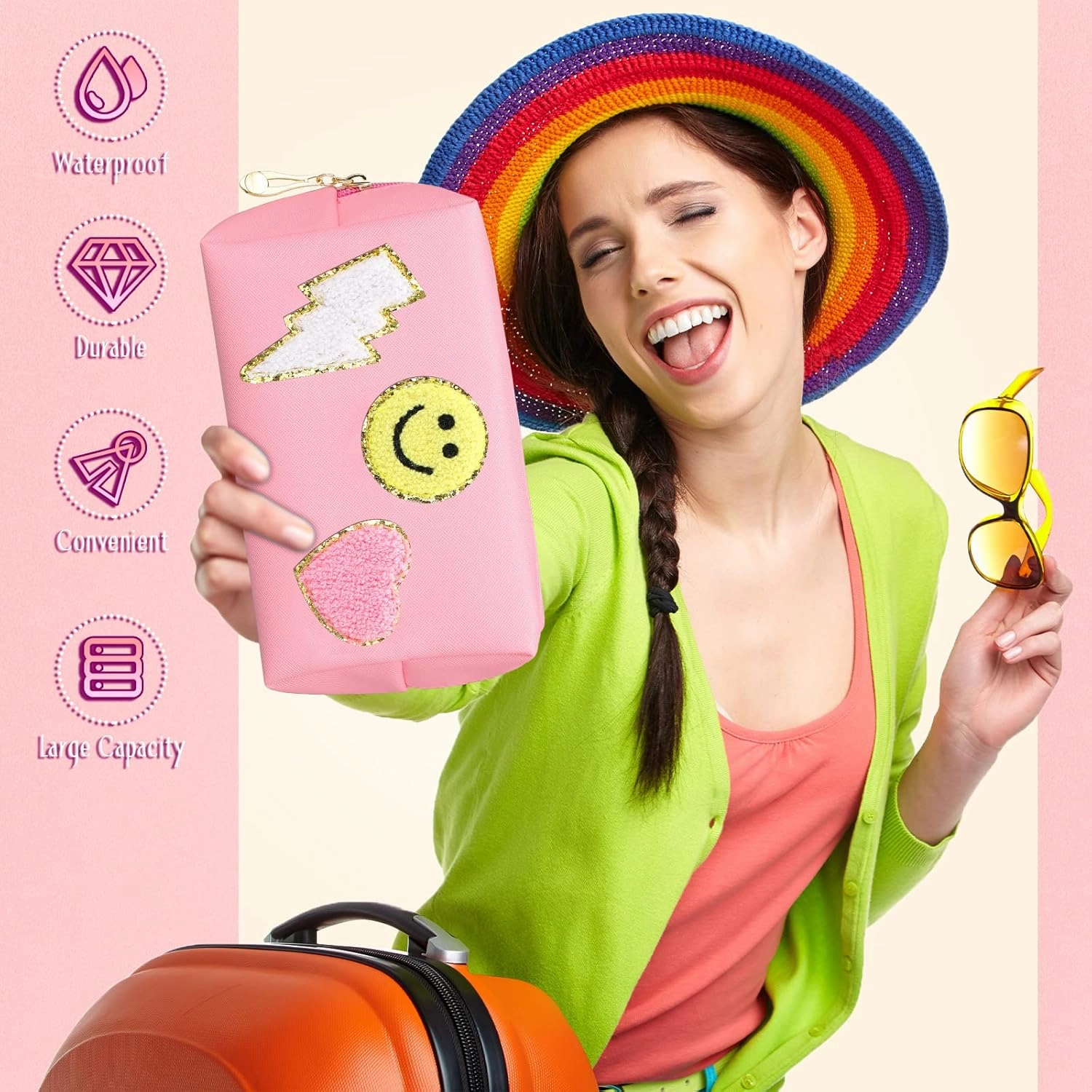 Chunful 9 Pieces Preppy Patch Makeup Bag Chenille Letters Cosmetic PU Leather Portable Waterproof Toiletry Travel Bag for Women End of the Year Teacher Gifts Bulk(Pink,Smile, Lightning, Heart)