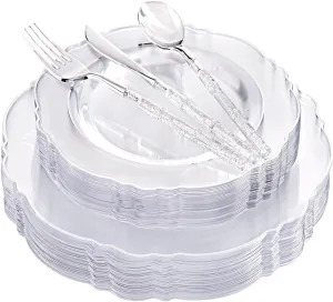 Ciaell 150PCS Clear Silver Plastic Plates & Disposable Plastic Silverware with Glitter Bamboo Handle Cutlery - Baroque Clear Silver Disposable Plates for Weddings & Parties