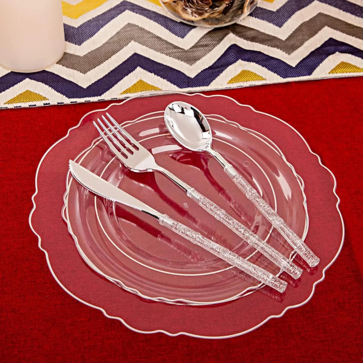 Ciaell 150PCS Clear Silver Plastic Plates & Disposable Plastic Silverware with Glitter Bamboo Handle Cutlery - Baroque Clear Silver Disposable Plates for Weddings & Parties