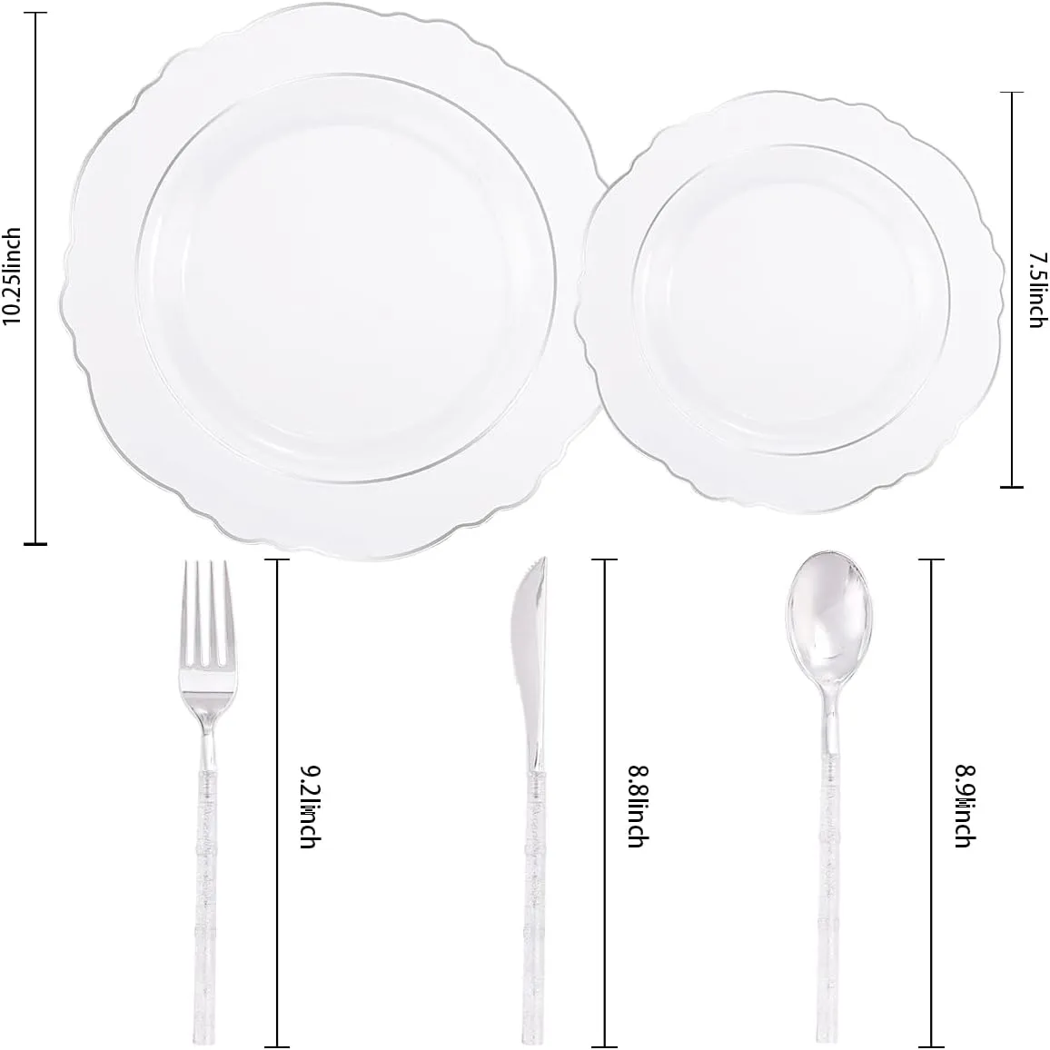 Ciaell 150PCS Clear Silver Plastic Plates & Disposable Plastic Silverware with Glitter Bamboo Handle Cutlery - Baroque Clear Silver Disposable Plates for Weddings & Parties