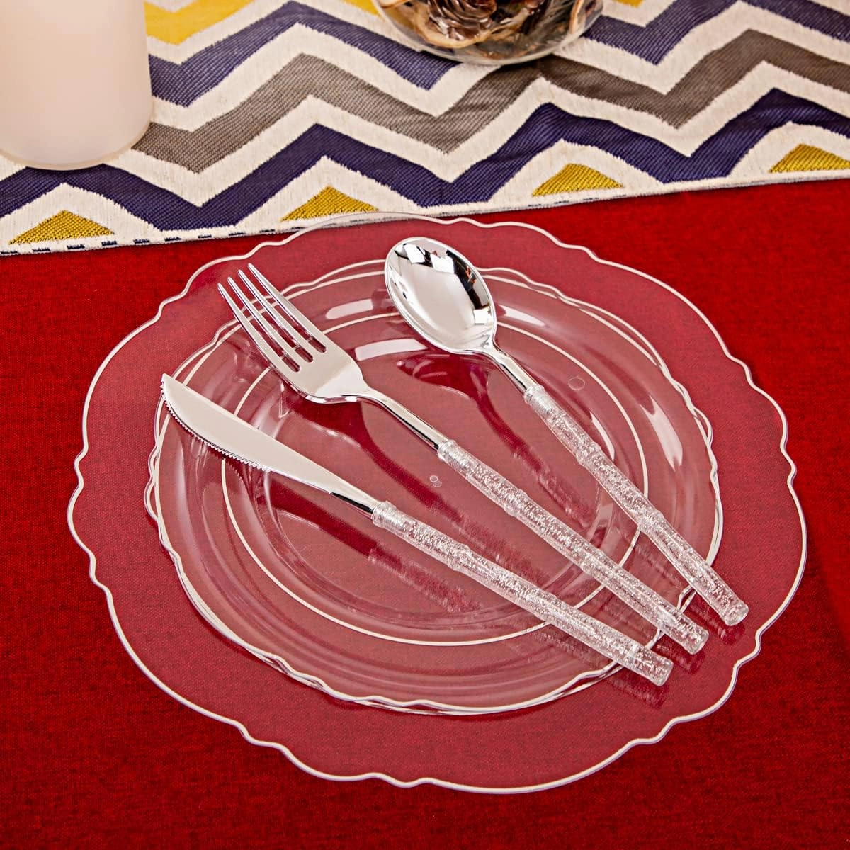 Ciaell 150PCS Clear Silver Plastic Plates & Disposable Plastic Silverware with Glitter Bamboo Handle Cutlery - Baroque Clear Silver Disposable Plates for Weddings & Parties