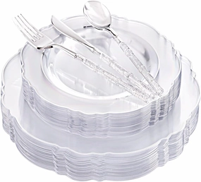 Ciaell 150PCS Clear Silver Plastic Plates & Disposable Plastic Silverware with Glitter Bamboo Handle Cutlery - Baroque Clear Silver Disposable Plates for Weddings & Parties
