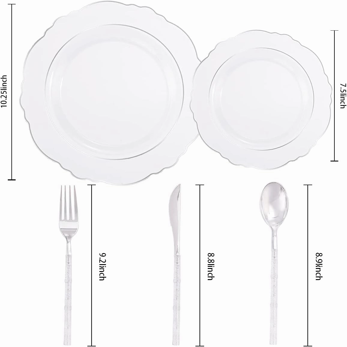 Ciaell 150PCS Clear Silver Plastic Plates & Disposable Plastic Silverware with Glitter Bamboo Handle Cutlery - Baroque Clear Silver Disposable Plates for Weddings & Parties