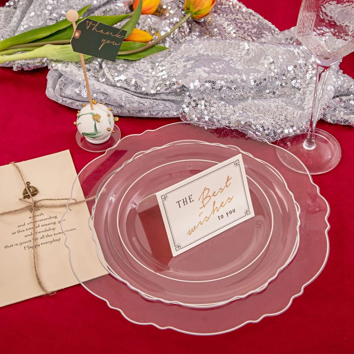 Ciaell 150PCS Clear Silver Plastic Plates & Disposable Plastic Silverware with Glitter Bamboo Handle Cutlery - Baroque Clear Silver Disposable Plates for Weddings & Parties
